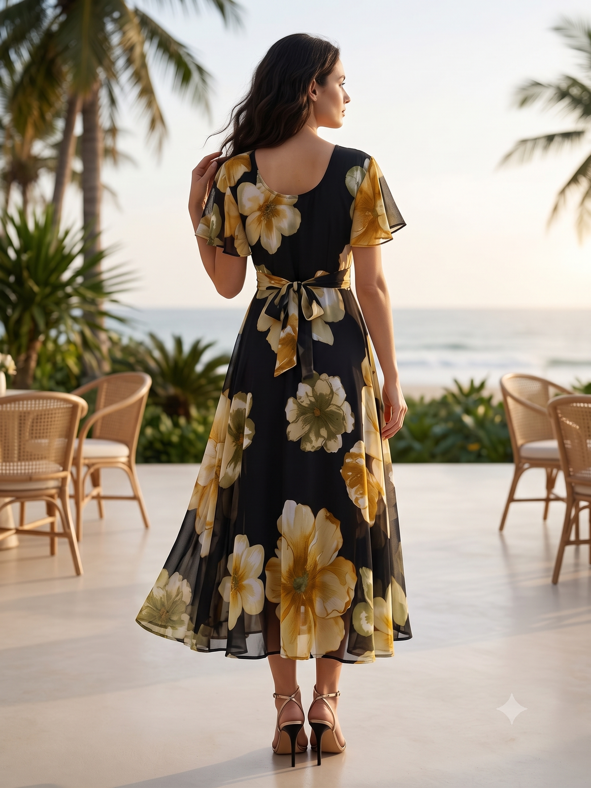 Black Floral Chiffon Dress with Golden Floral Print