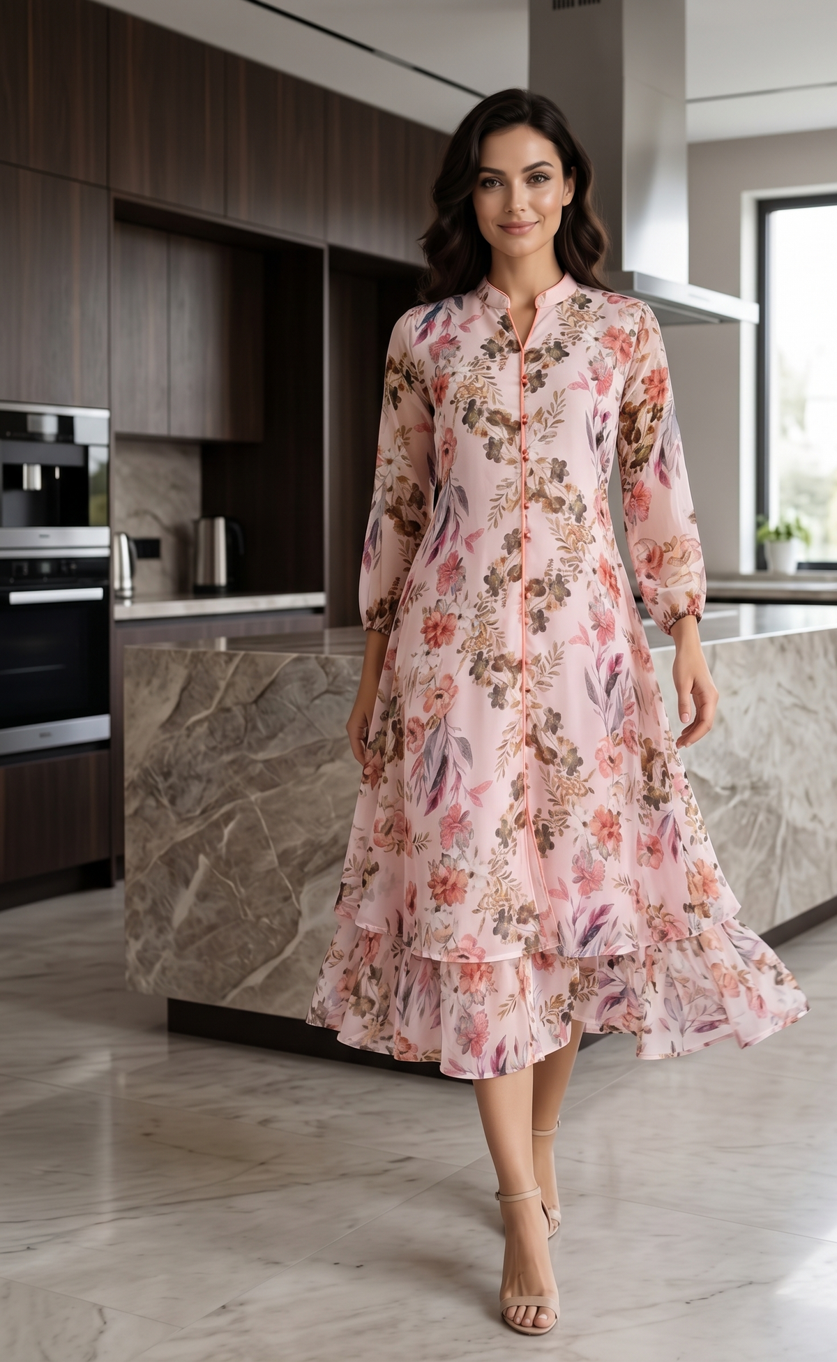 Pale Pink Floral Midi Dress for Women | Souchii