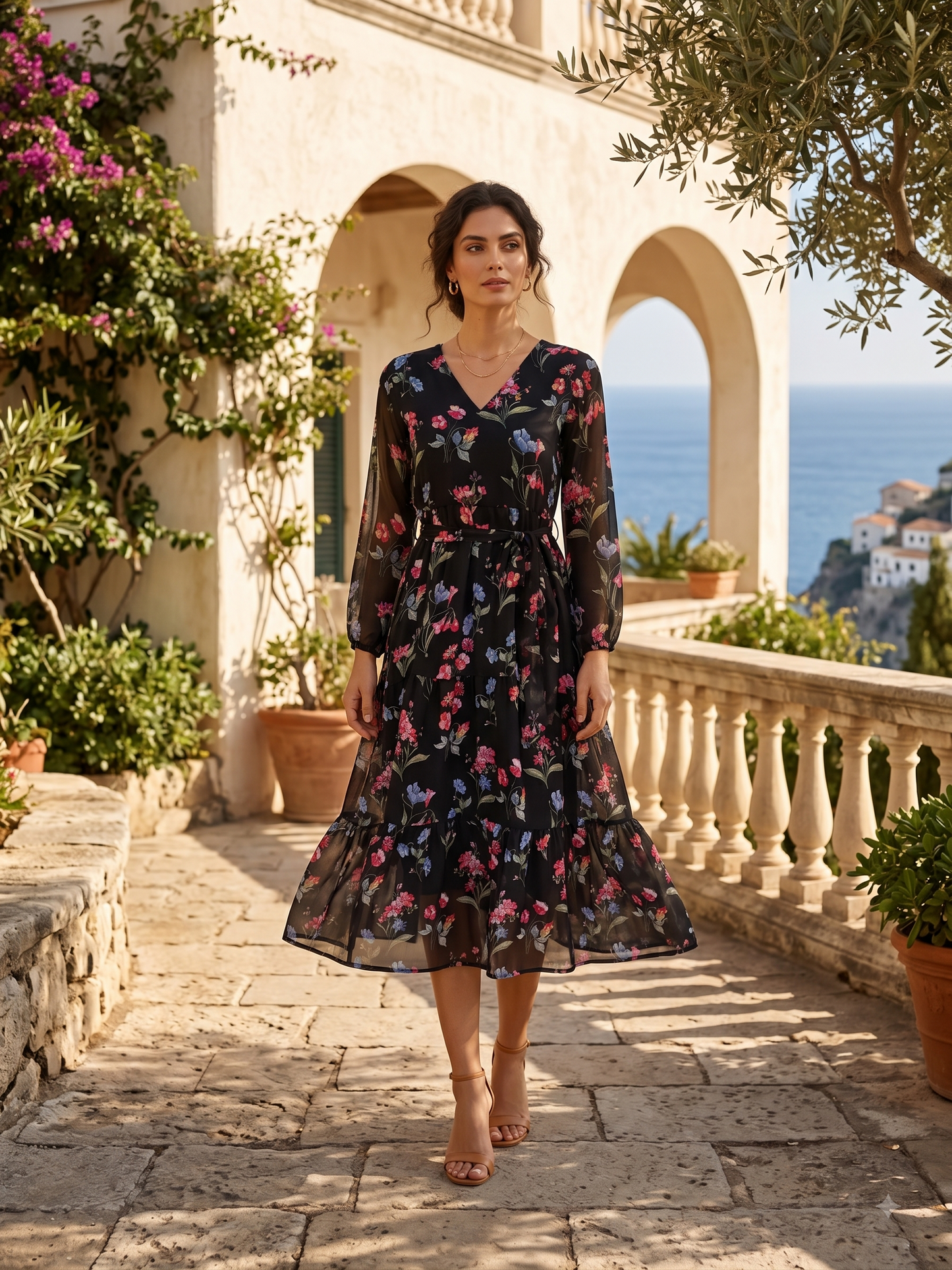 Women Black Floral Printed Fit & Flare Midi Dress