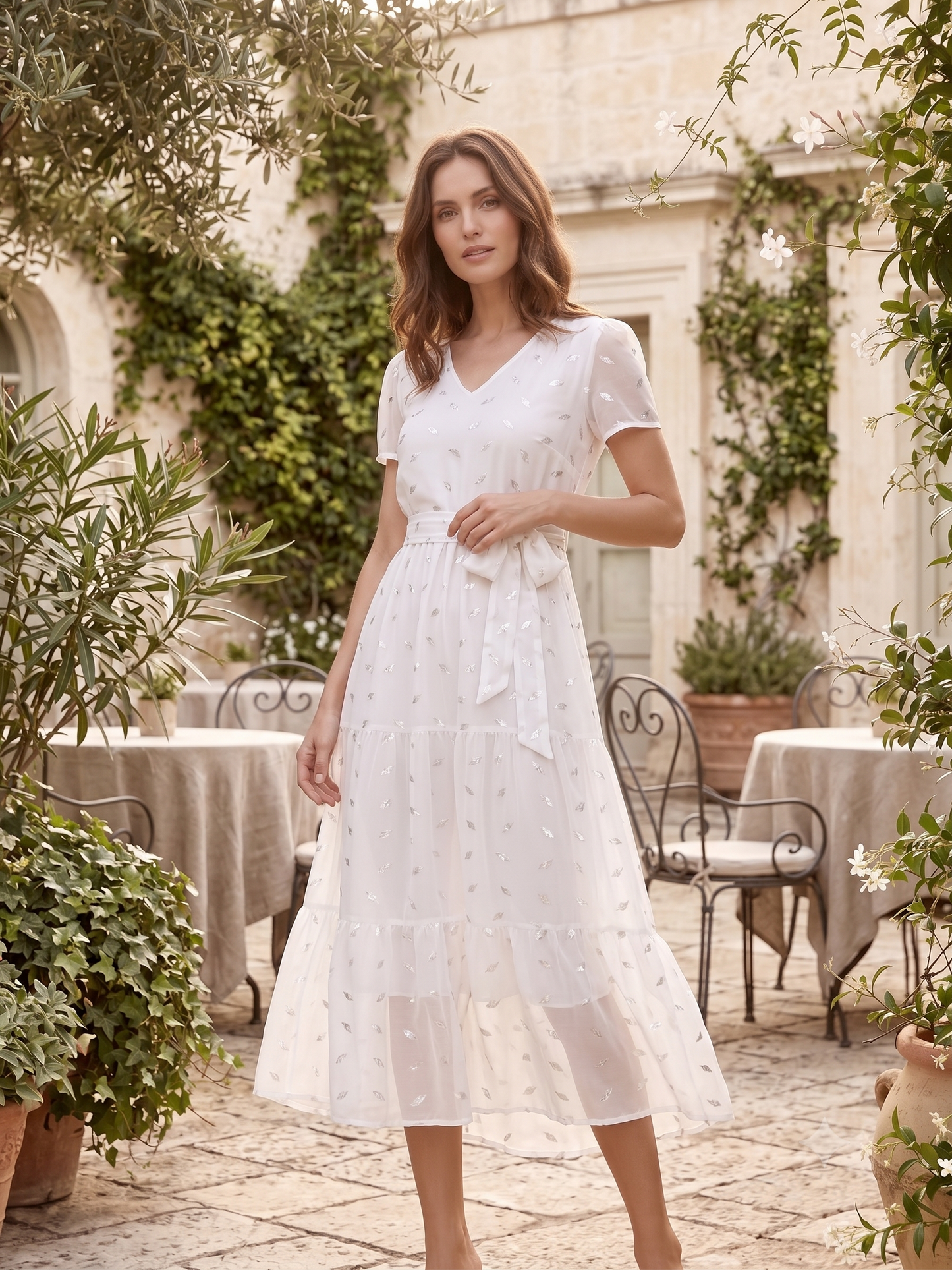 Ivory White Metallic Leaf Print Tiered Midi Dress with Waist Tie