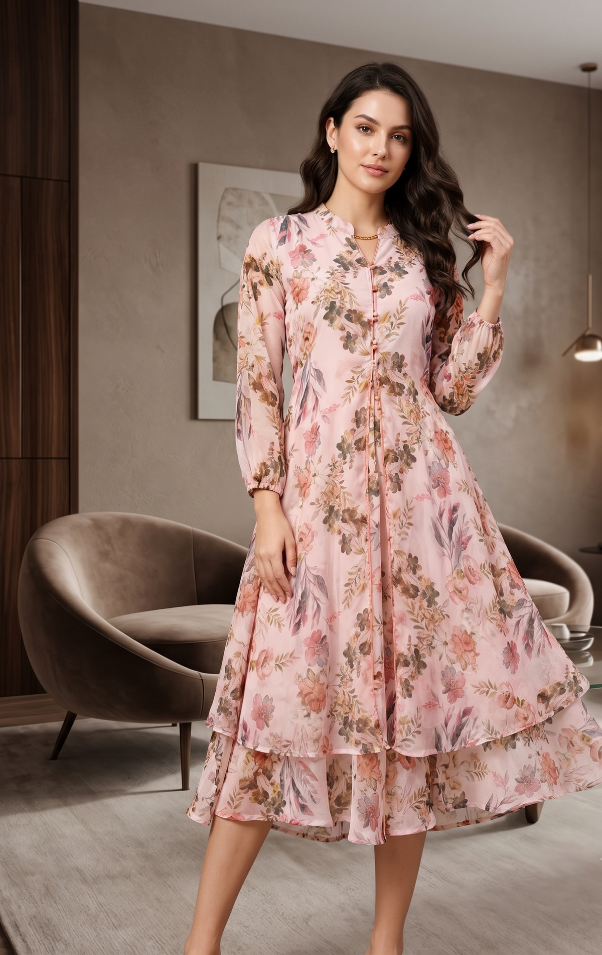 Pale Pink Floral Midi Dress for Women | Souchii