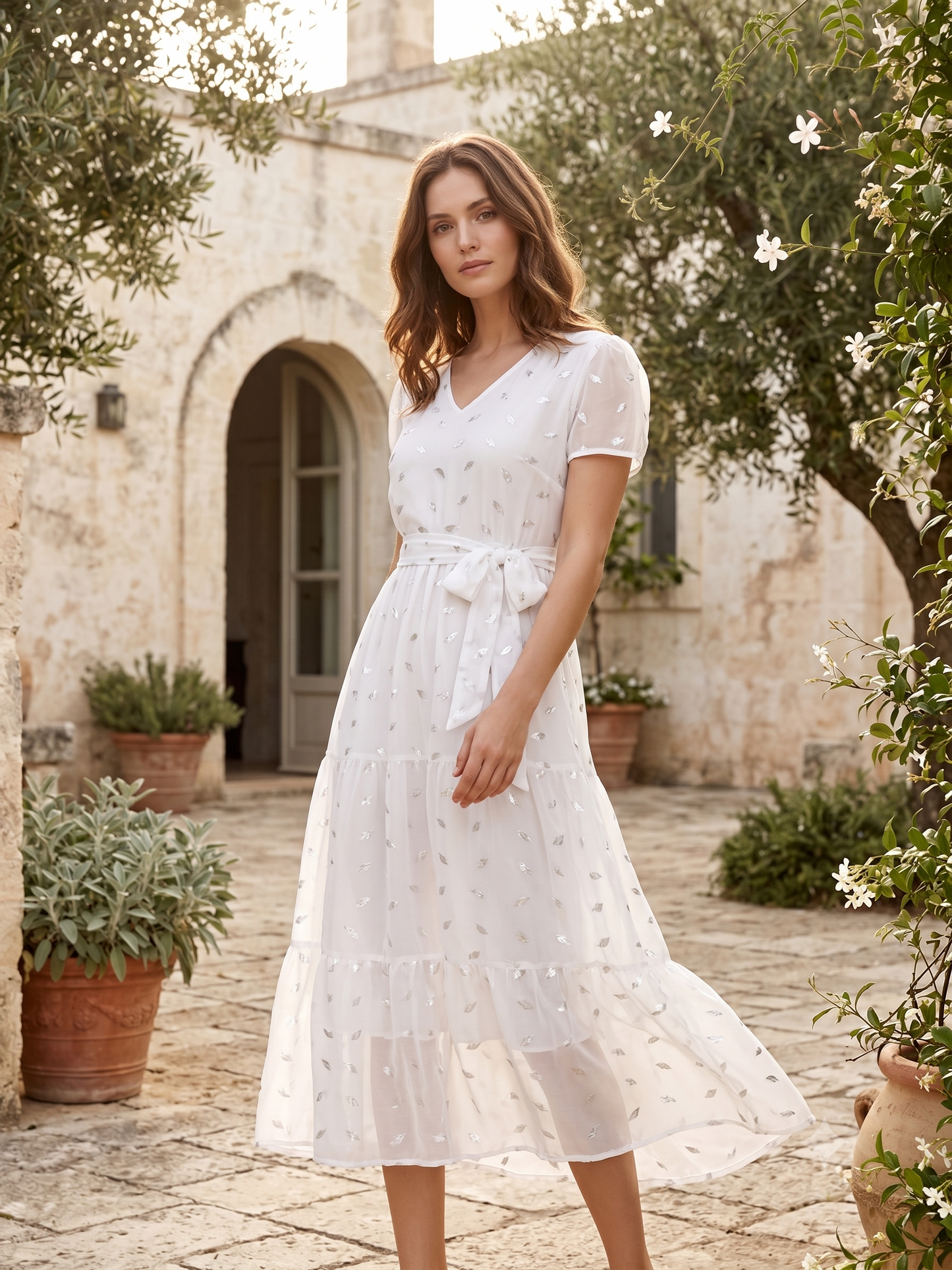 Ivory White Metallic Leaf Print Tiered Midi Dress with Waist Tie