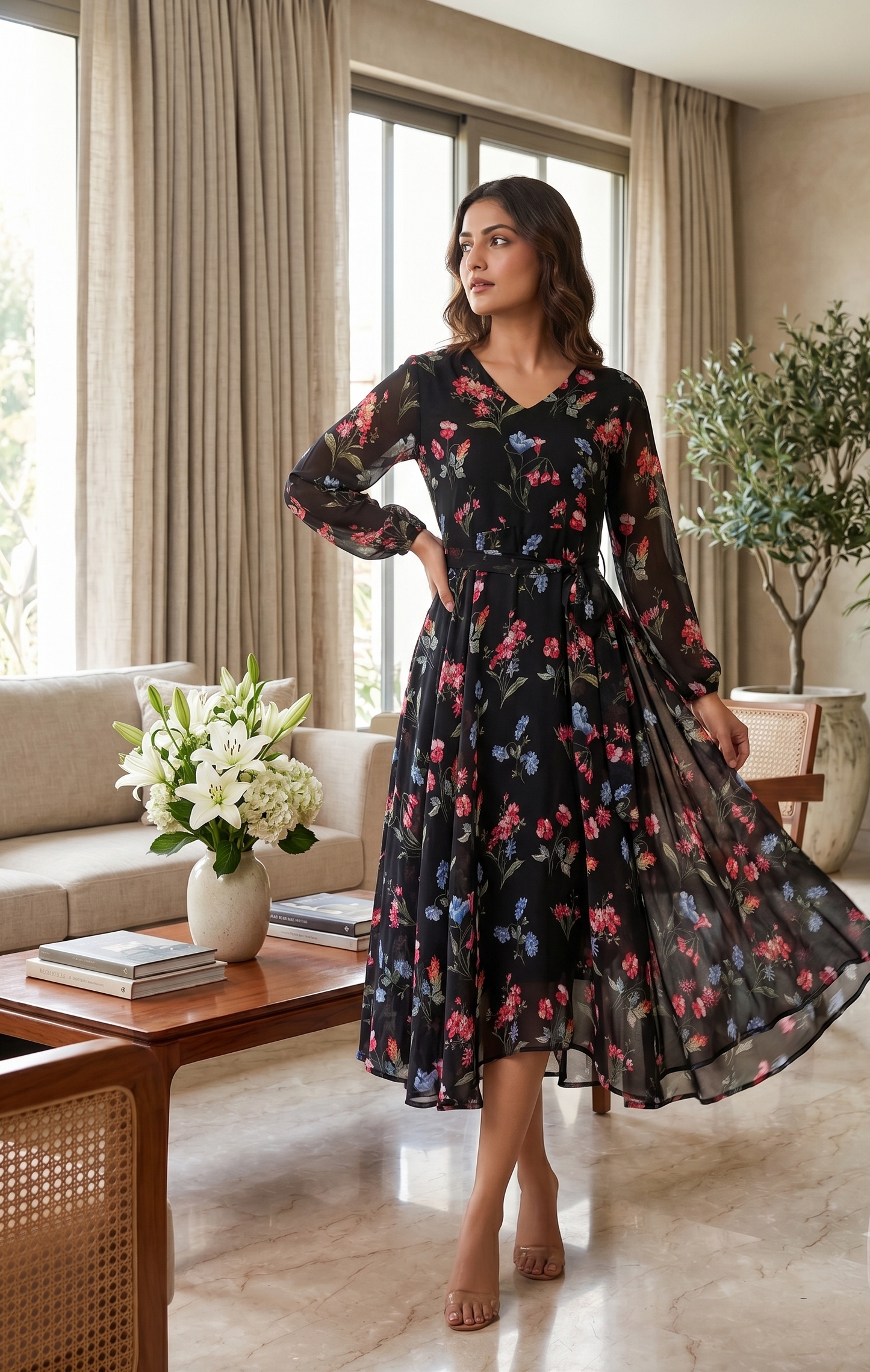 Black Floral Printed Chiffon Fit & Flare Midi Dress with Waist Tie