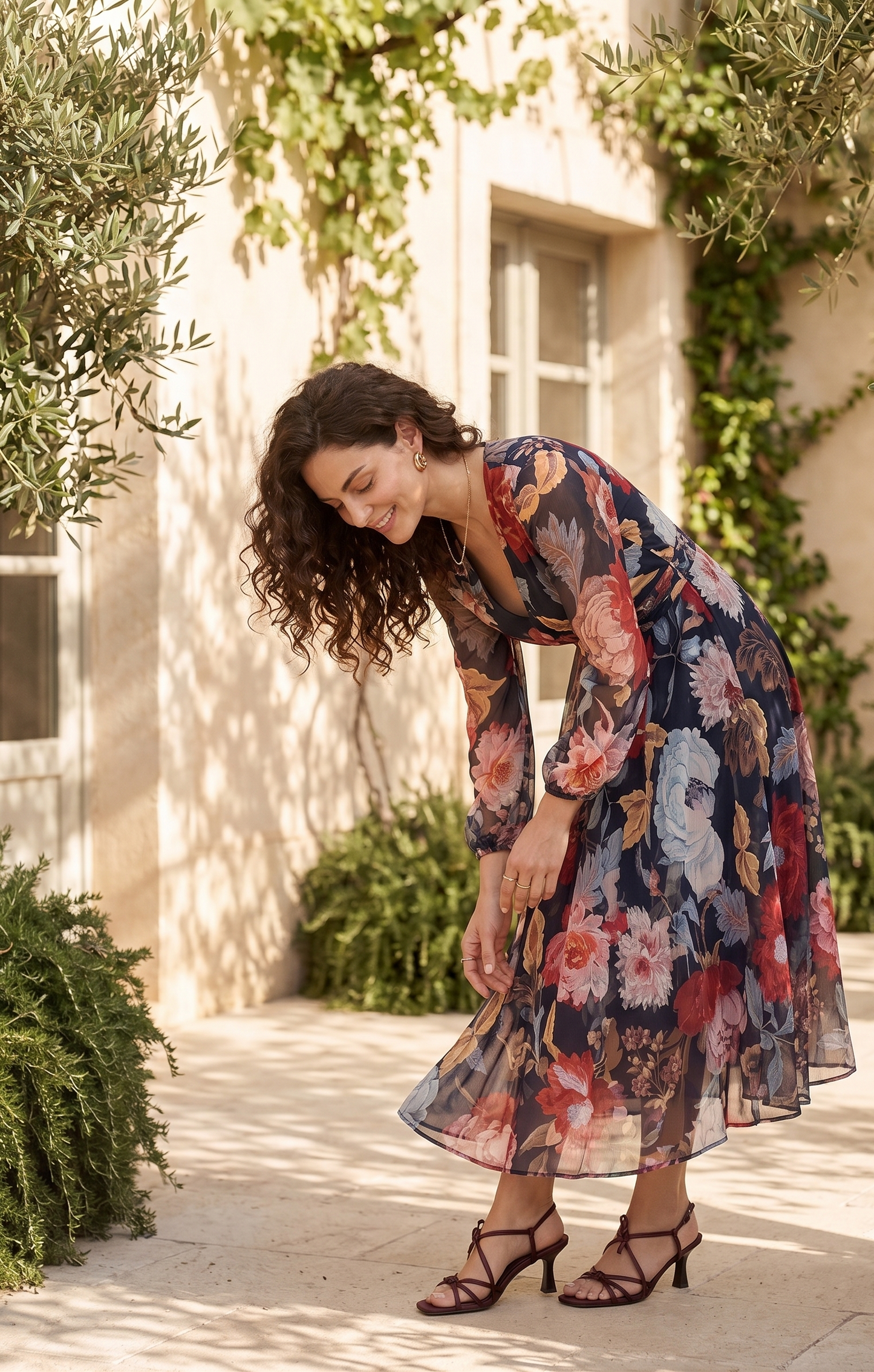 Women's Navy Blue Floral Printed Chiffon Midi Dress | V-Neck Fit & Flare Dress | Souchii