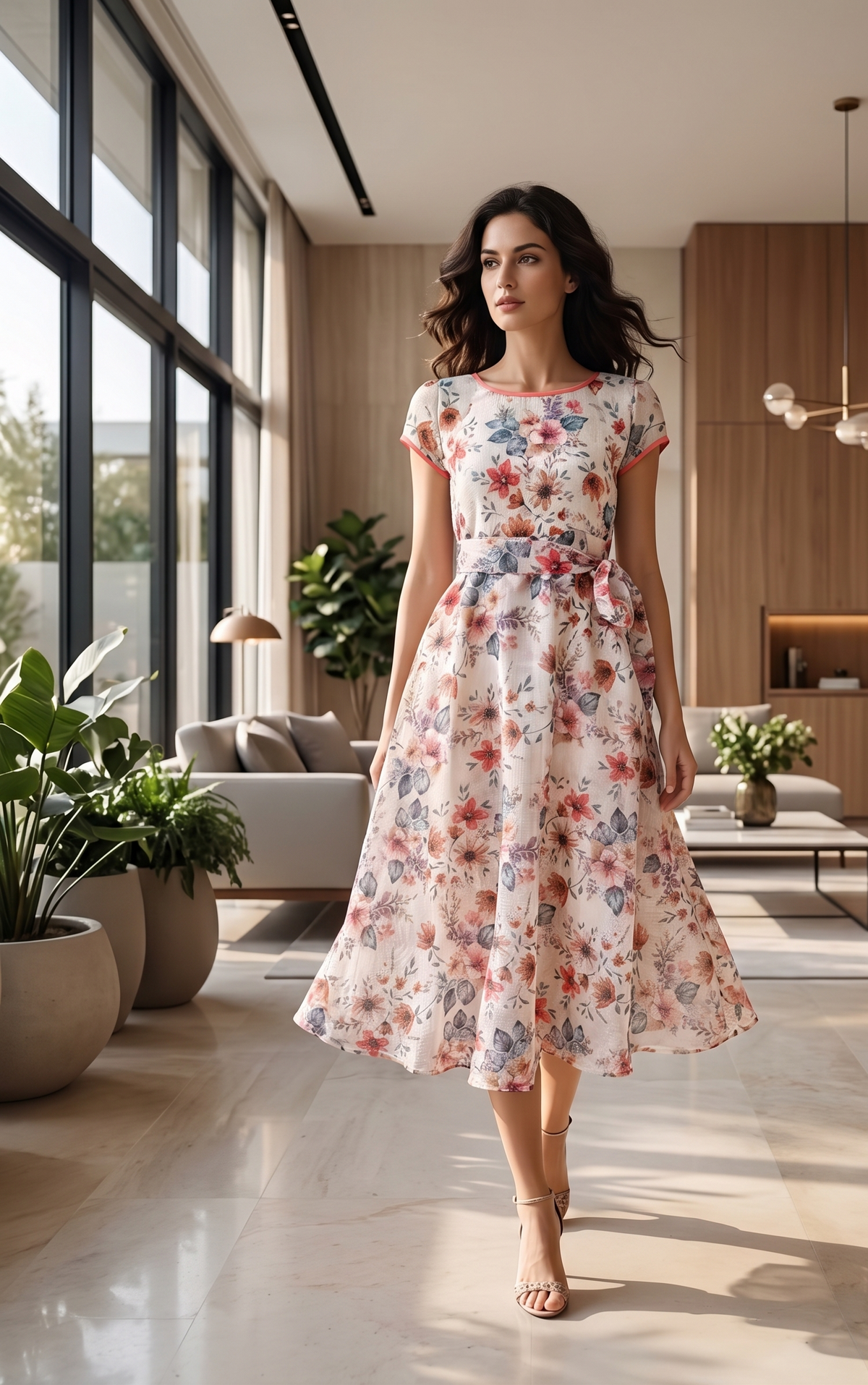 Ivory Floral  Midi Dress with Waist Tie | Souchii