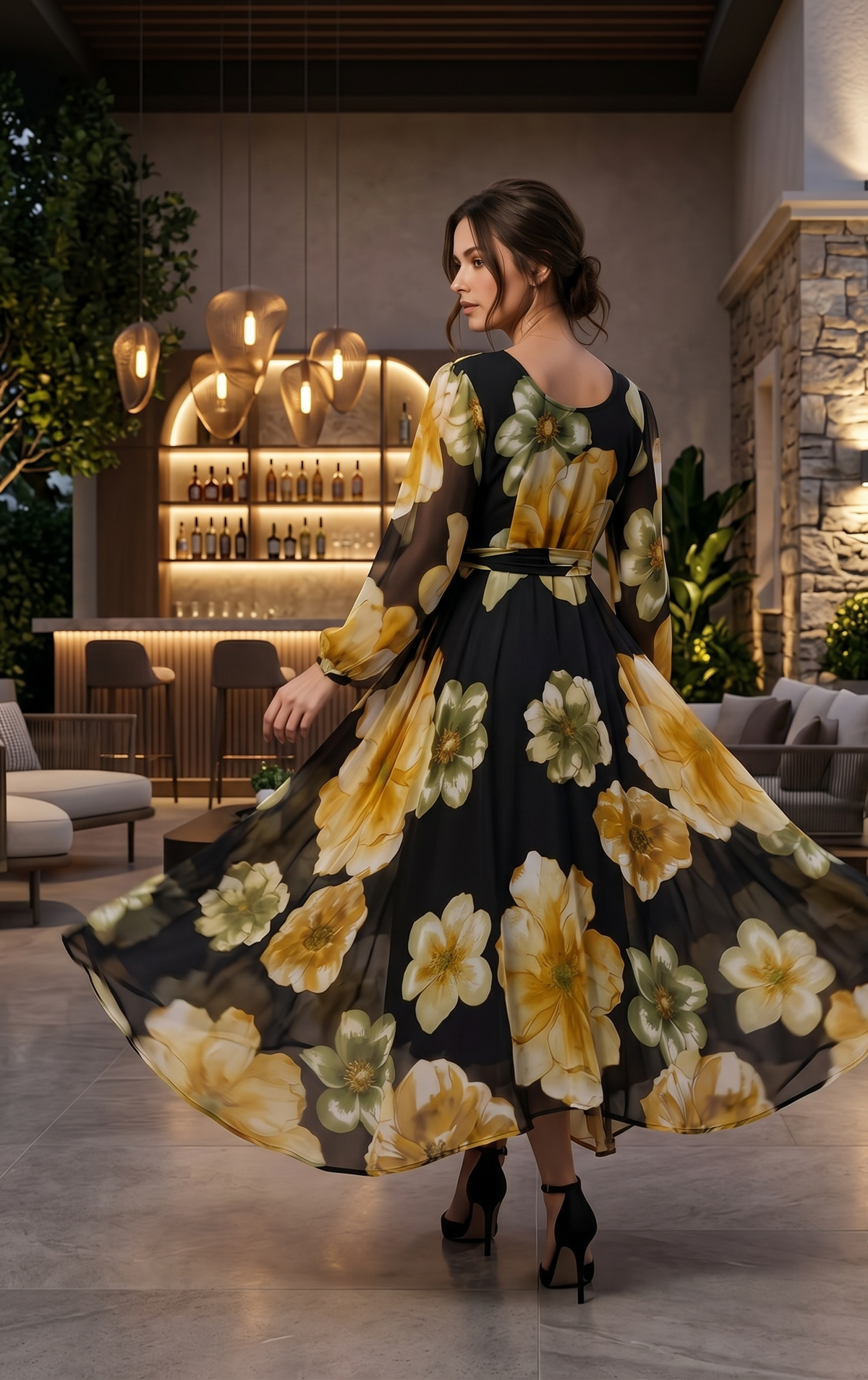 Black Floral Chiffon Maxi Dress with Flared Frill Hem