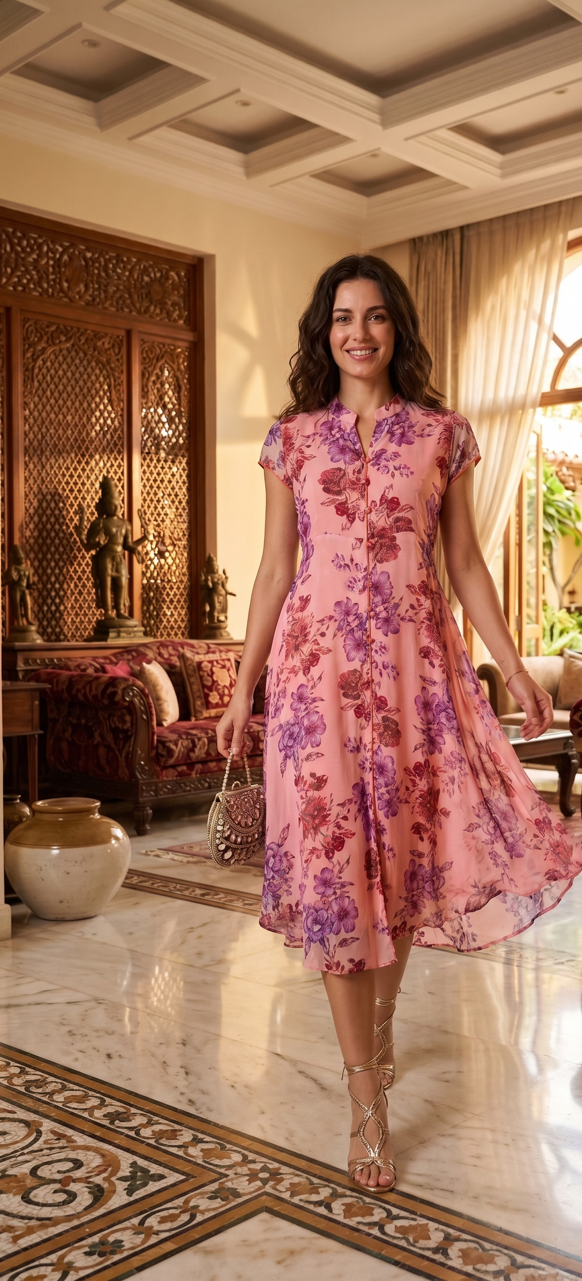 Souchii Pink Floral Printed Chiffon Fit & Flare Midi Dress