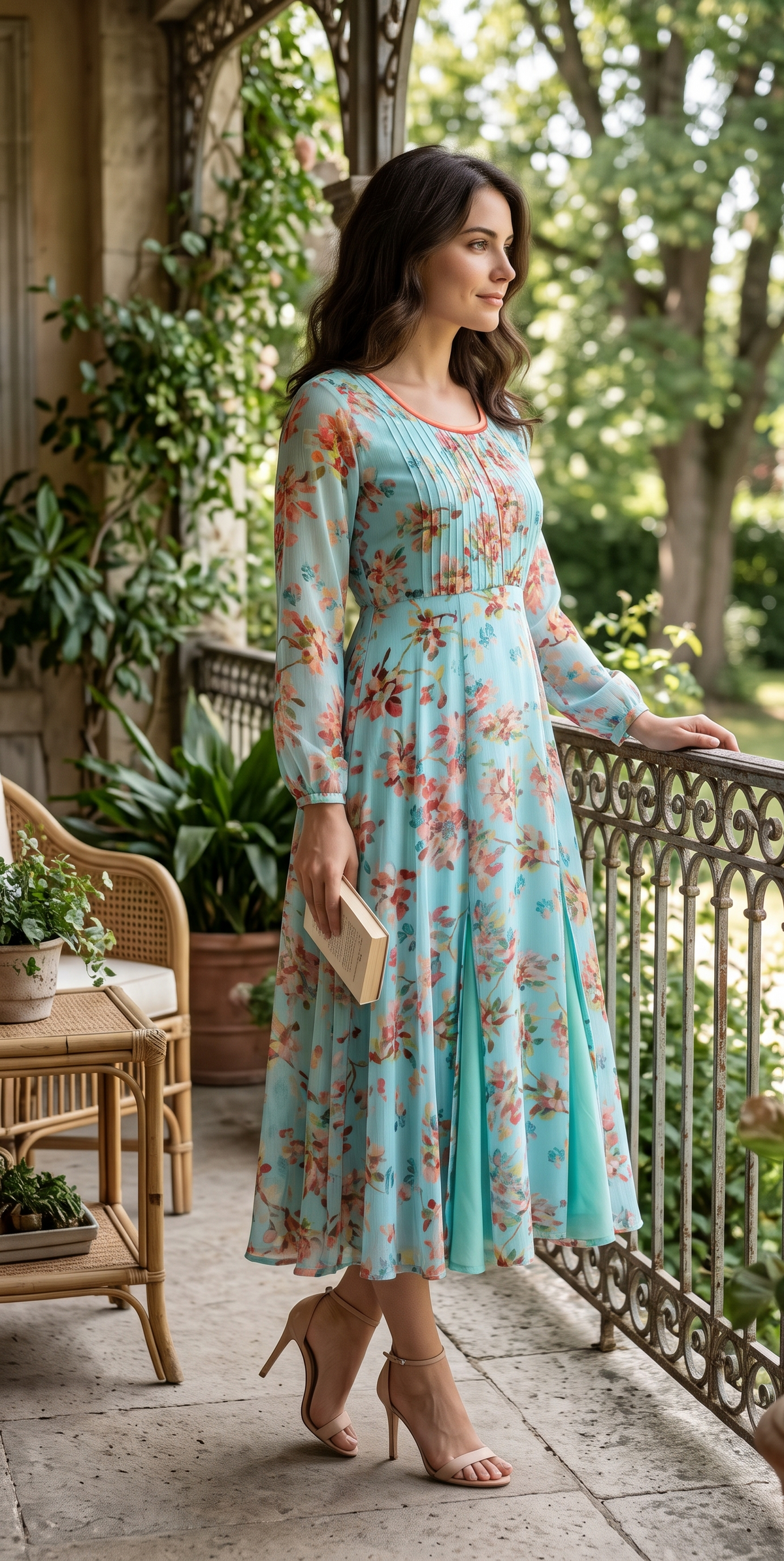 Aqua Blue Floral Midi Dress with Front Slits and Flared Skirt – Souchii