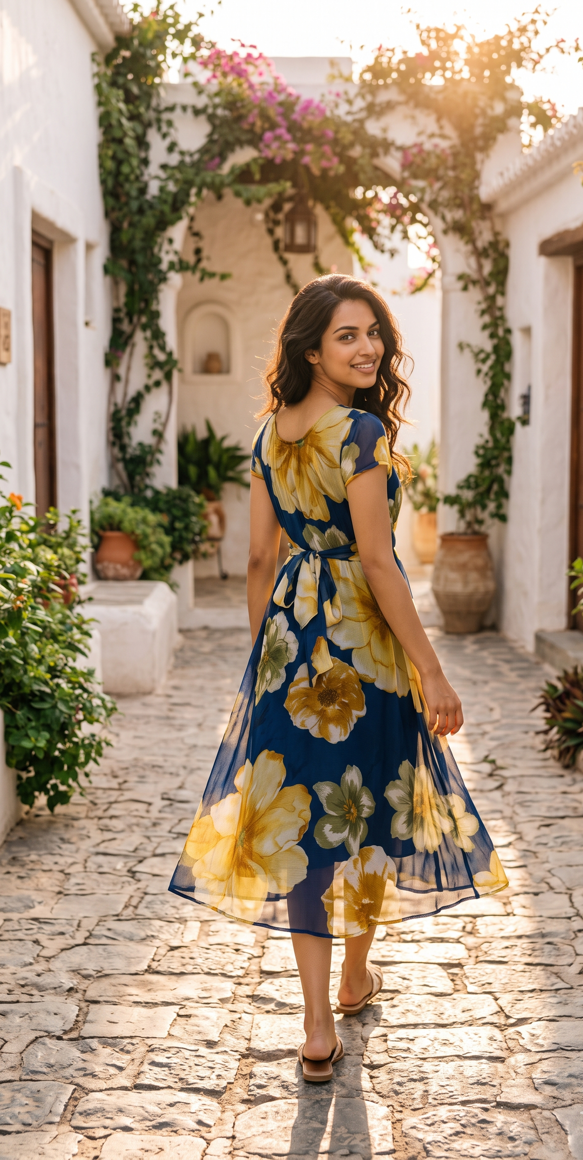Souchii Turquoise Blue & Yellow Floral Midi  Dress for Women | Elegant Floral Summer Dress