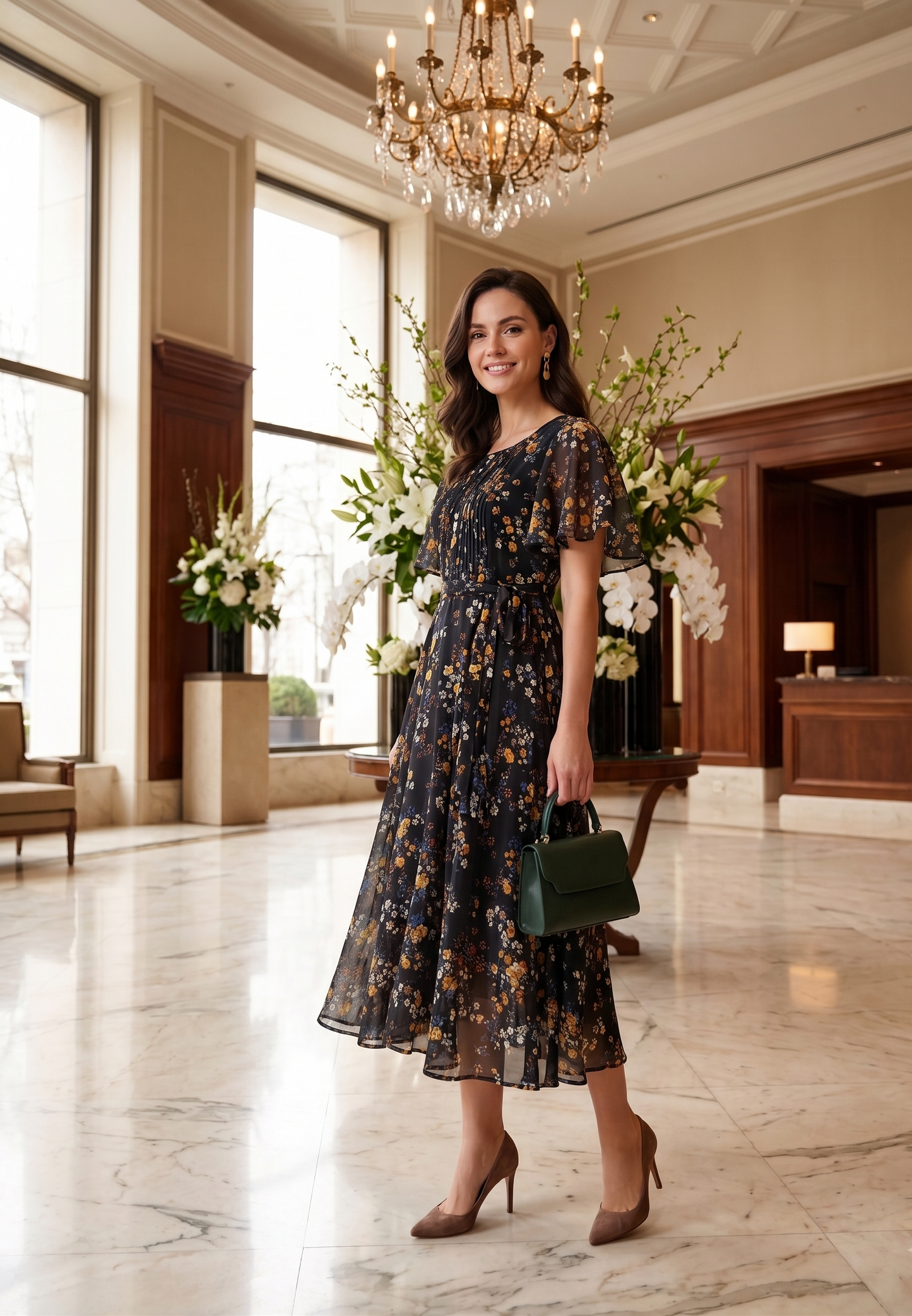 Women Black Floral Printed Fit & Flare Midi Dress