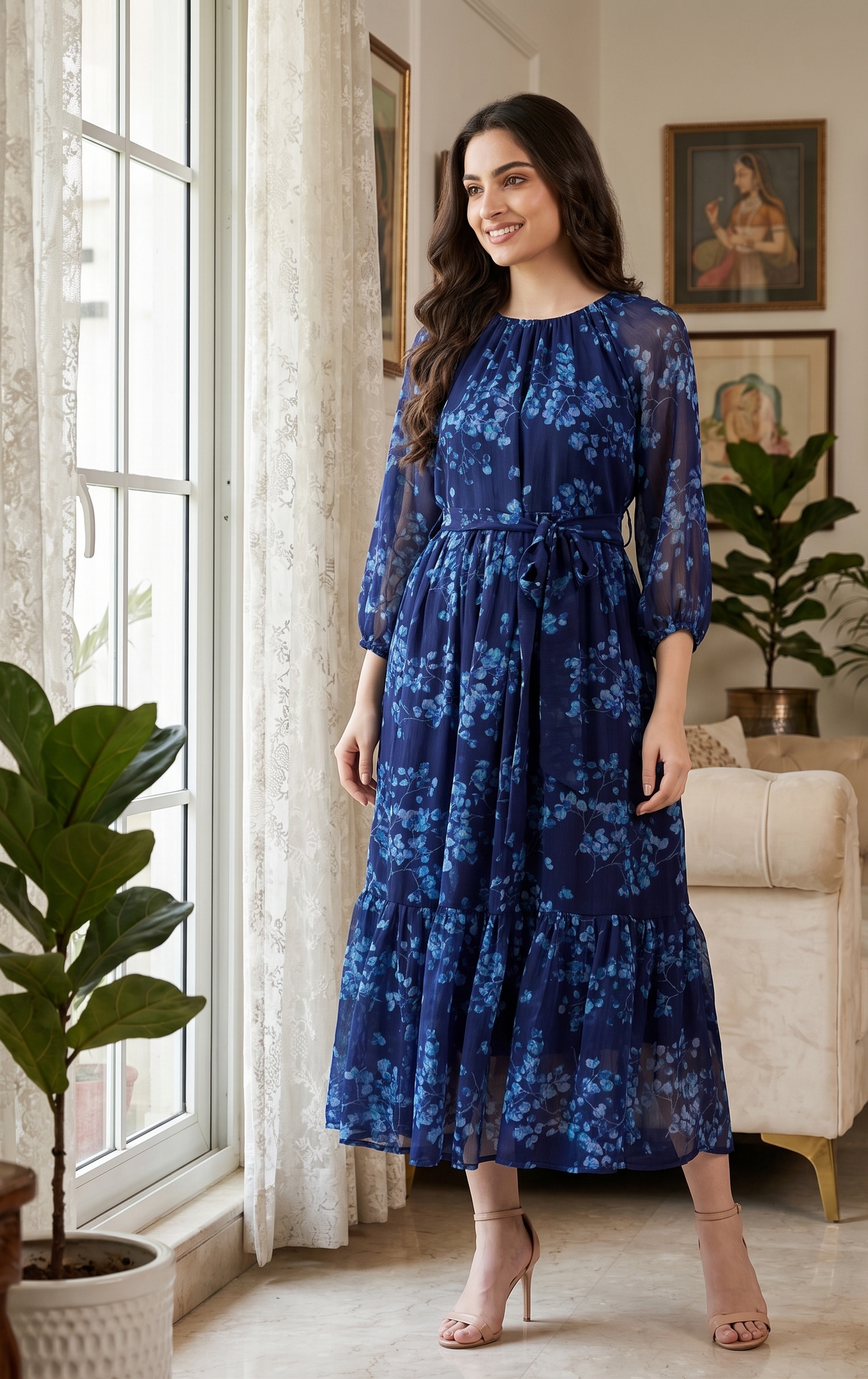Women's Navy Blue Floral Printed Chiffon Midi Dress with Tie Waist | Elegant A-Line Party & Vacation Dress | Souchii