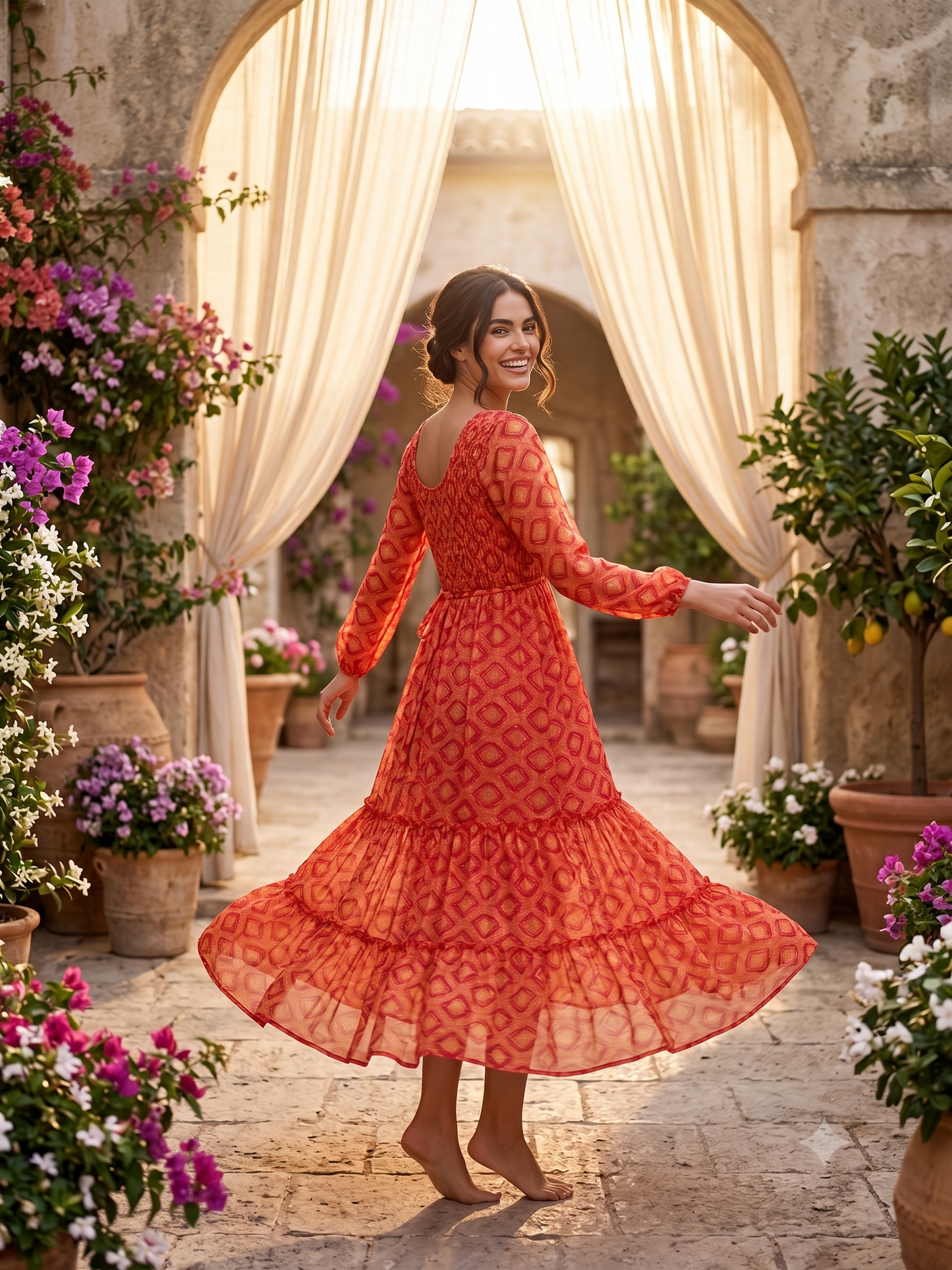 Souchii Red Printed Chiffon Midi Dress