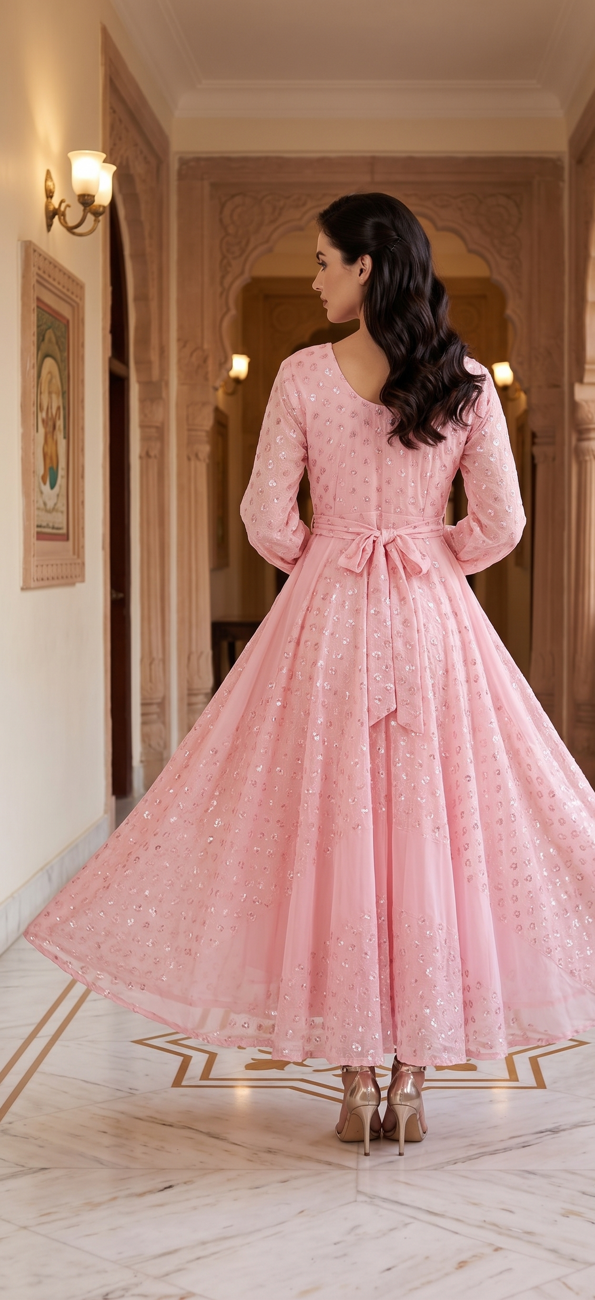 Souchii Blush Pink Sequin-Embellished Chiffon Wrap Midi Party Dress