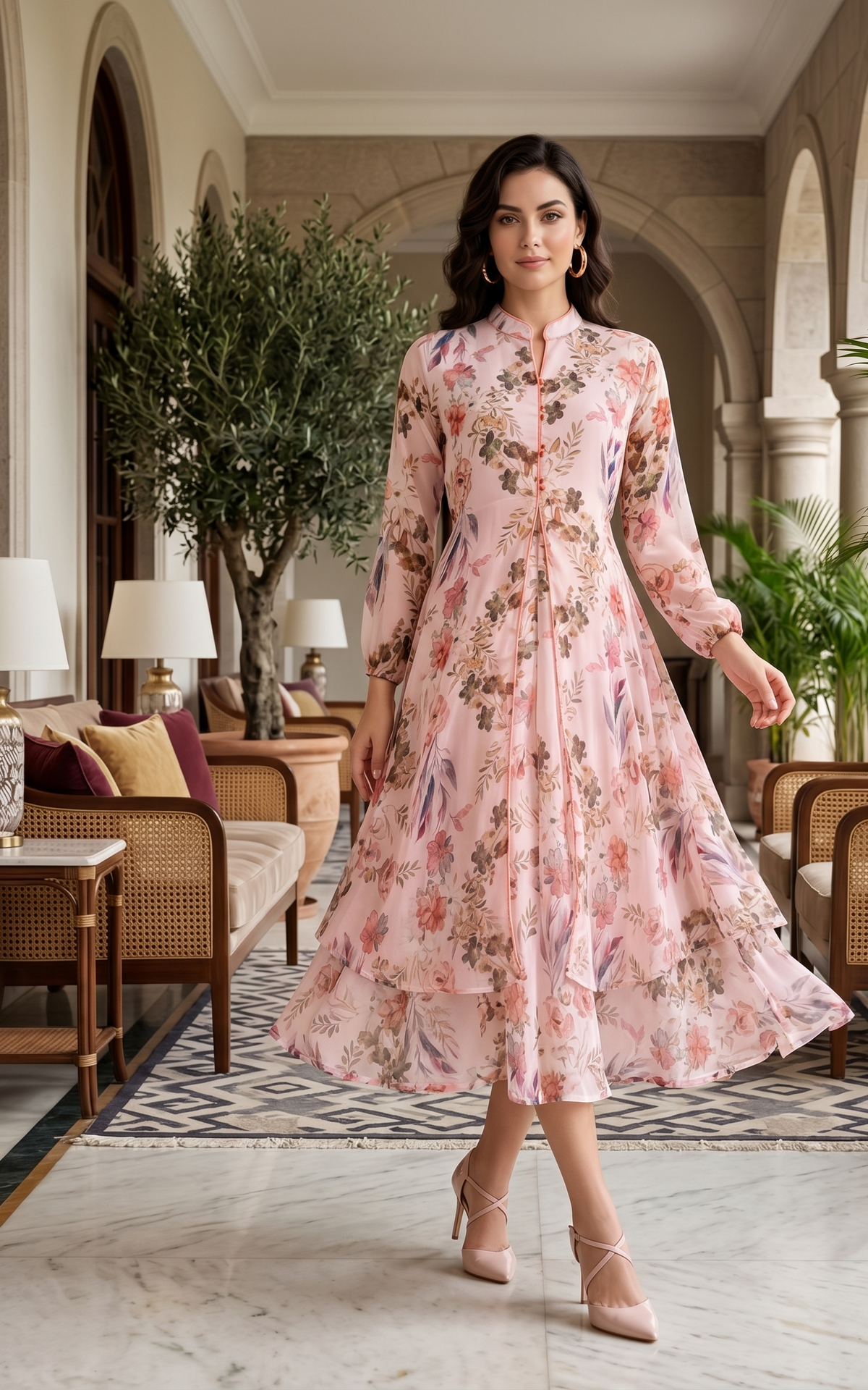 Pale Pink Floral Midi Dress for Women | Souchii