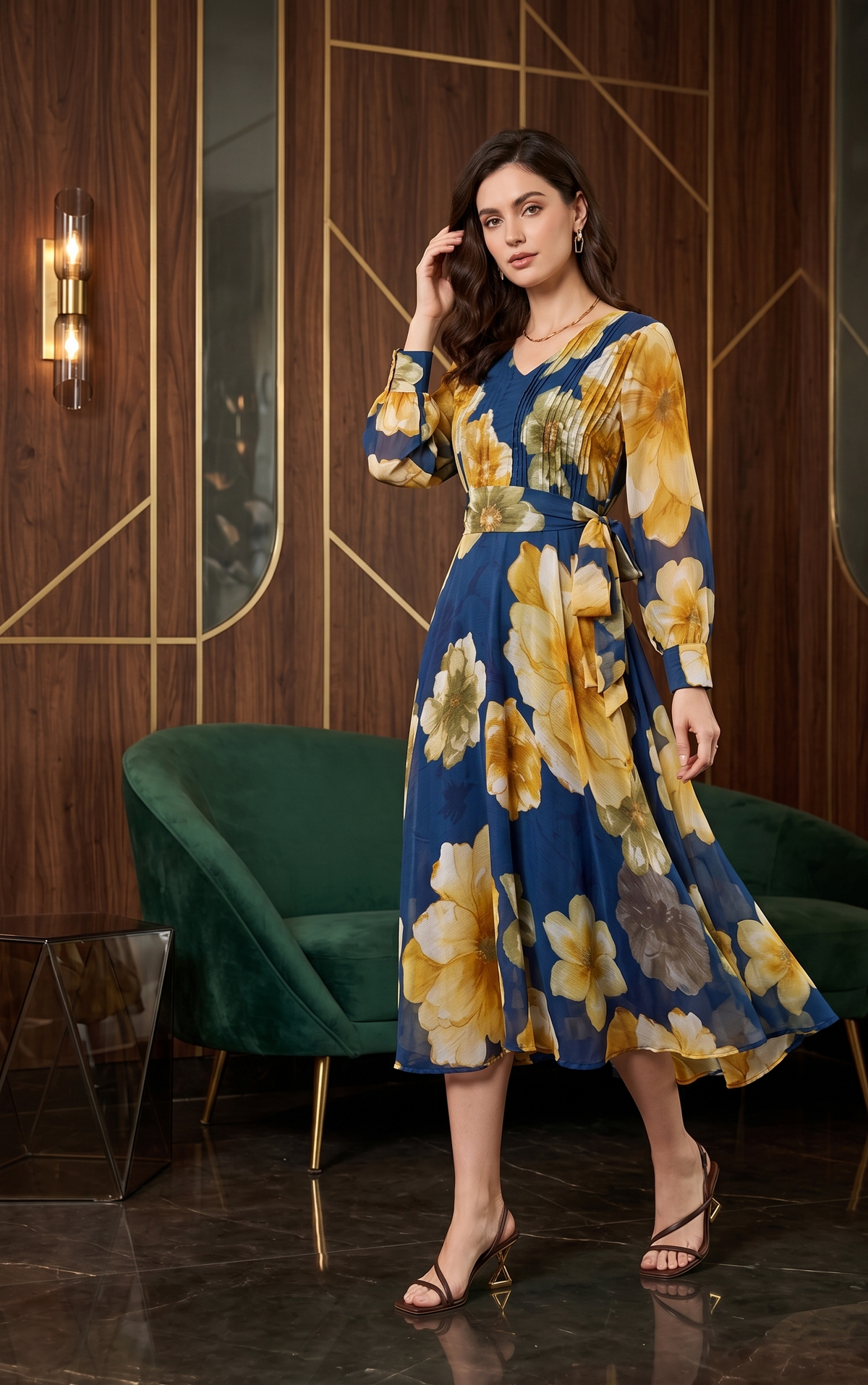 Blue Floral Fit & Flare Maxi Dress with Full Sleeves