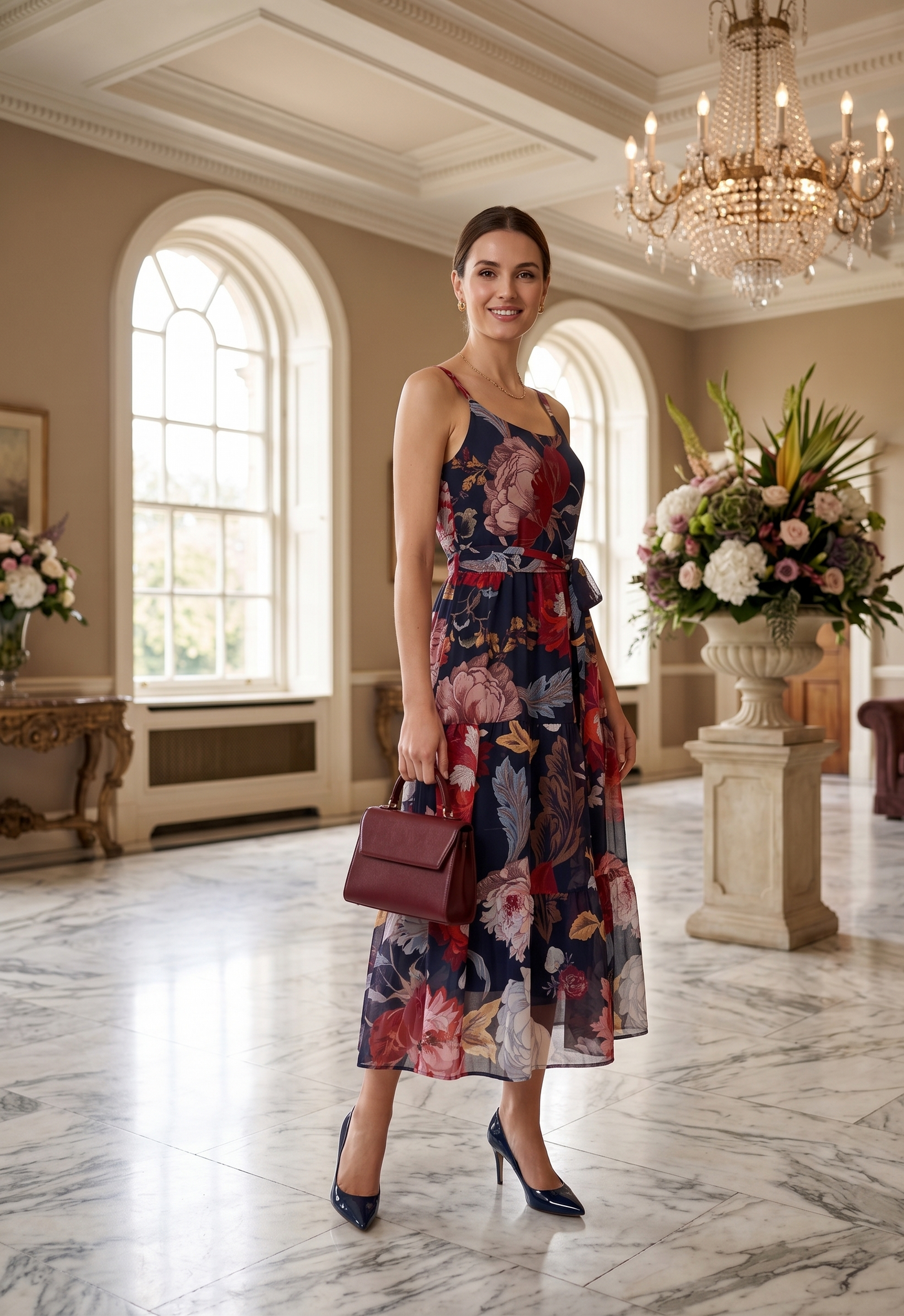Navy Blue Floral Printed Fit & Flare Midi Dress for Women | Souchii