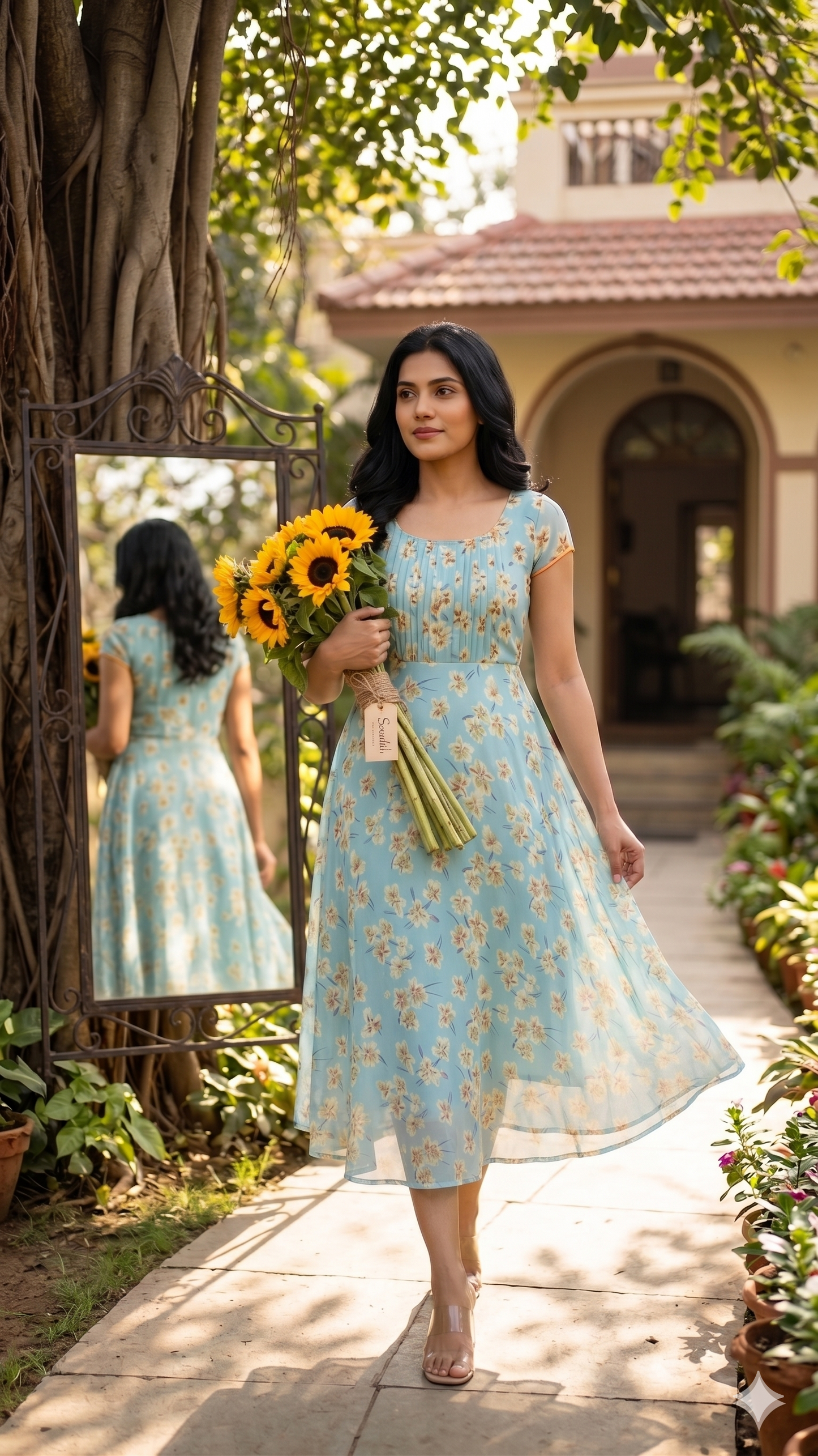 Souchii Women's Pale Blue Floral Printed Chiffon Midi Dress | Flowy A-Line Summer Dress with Empire Waist & Cap Sleeves
