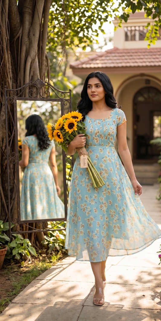 Souchii Women's Pale Blue Floral Printed Chiffon Midi Dress | Flowy A-Line Summer Dress with Empire Waist & Cap Sleeves
