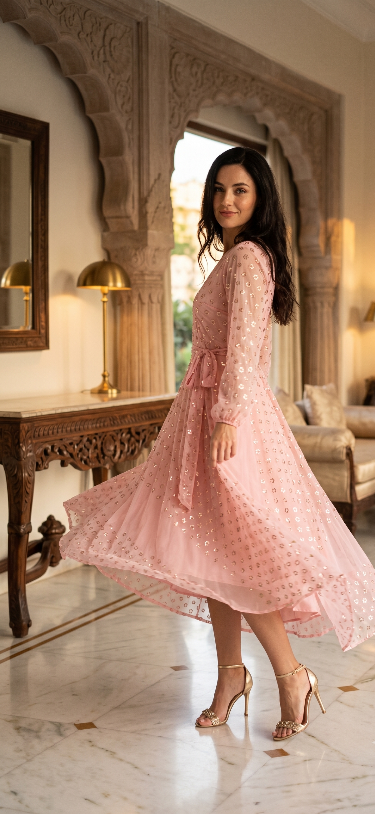 Souchii Blush Pink Sequin-Embellished Chiffon Wrap Midi Party Dress
