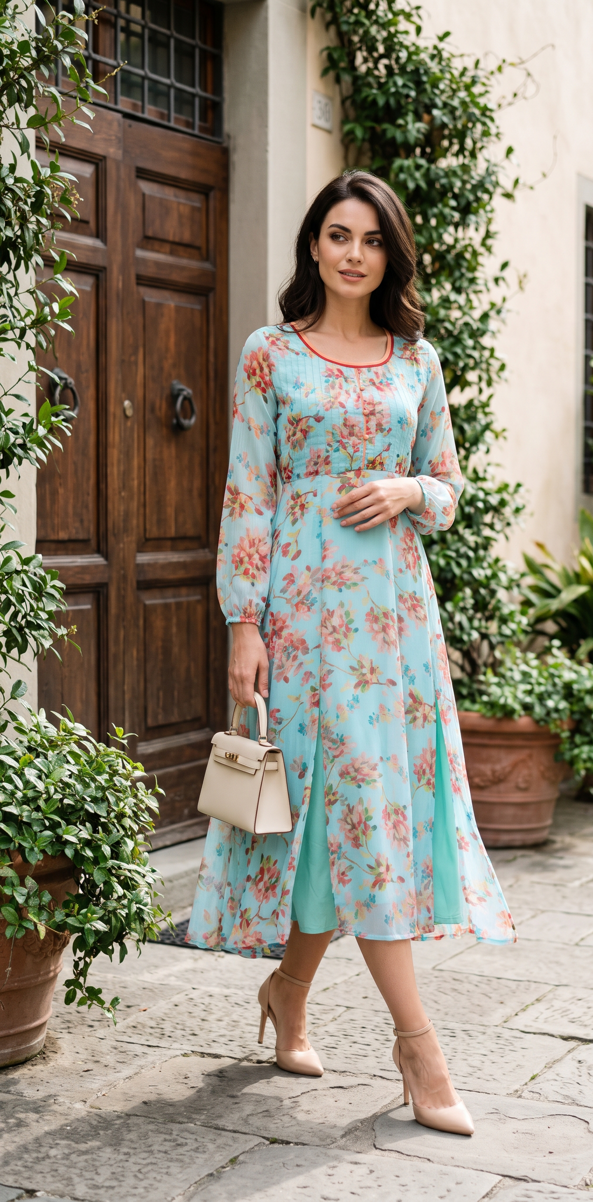 Aqua Blue Floral Midi Dress with Front Slits and Flared Skirt – Souchii