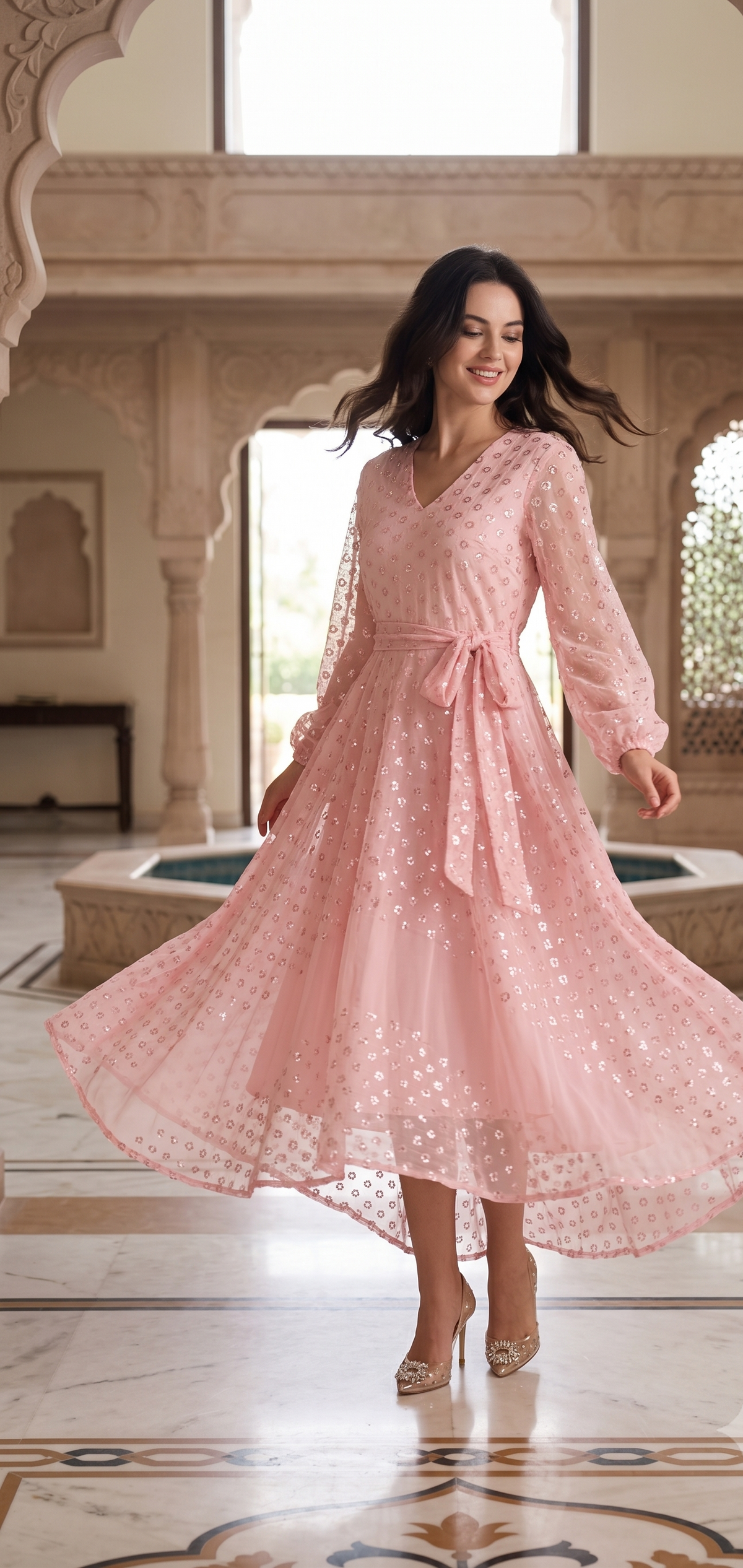 Souchii Blush Pink Sequin-Embellished Chiffon Wrap Midi Party Dress
