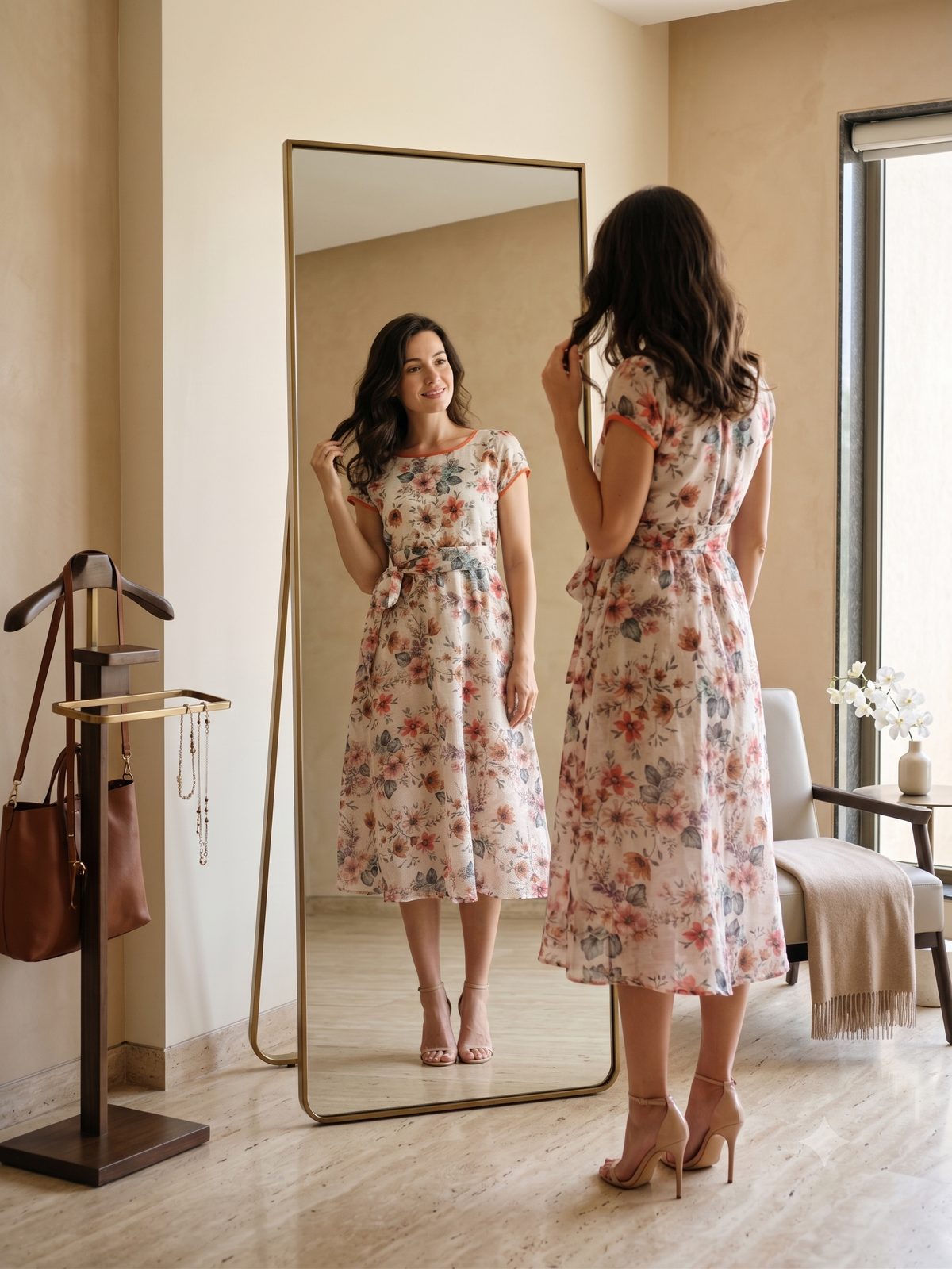 Ivory Floral  Midi Dress with Waist Tie | Souchii