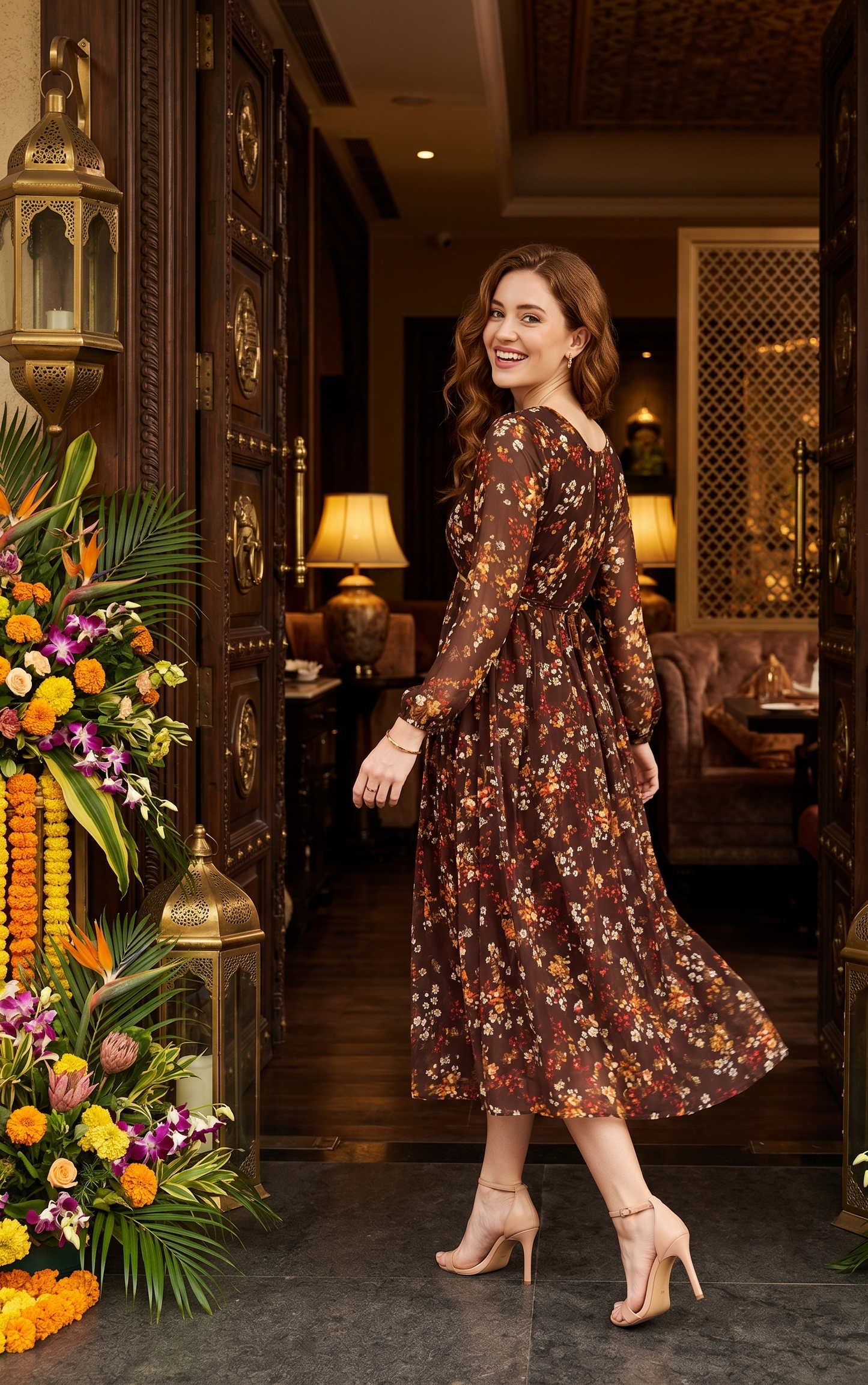 Souchii Brown Floral Print Midi Dress for Women | Sheer Sleeve Fit & Flare Dress