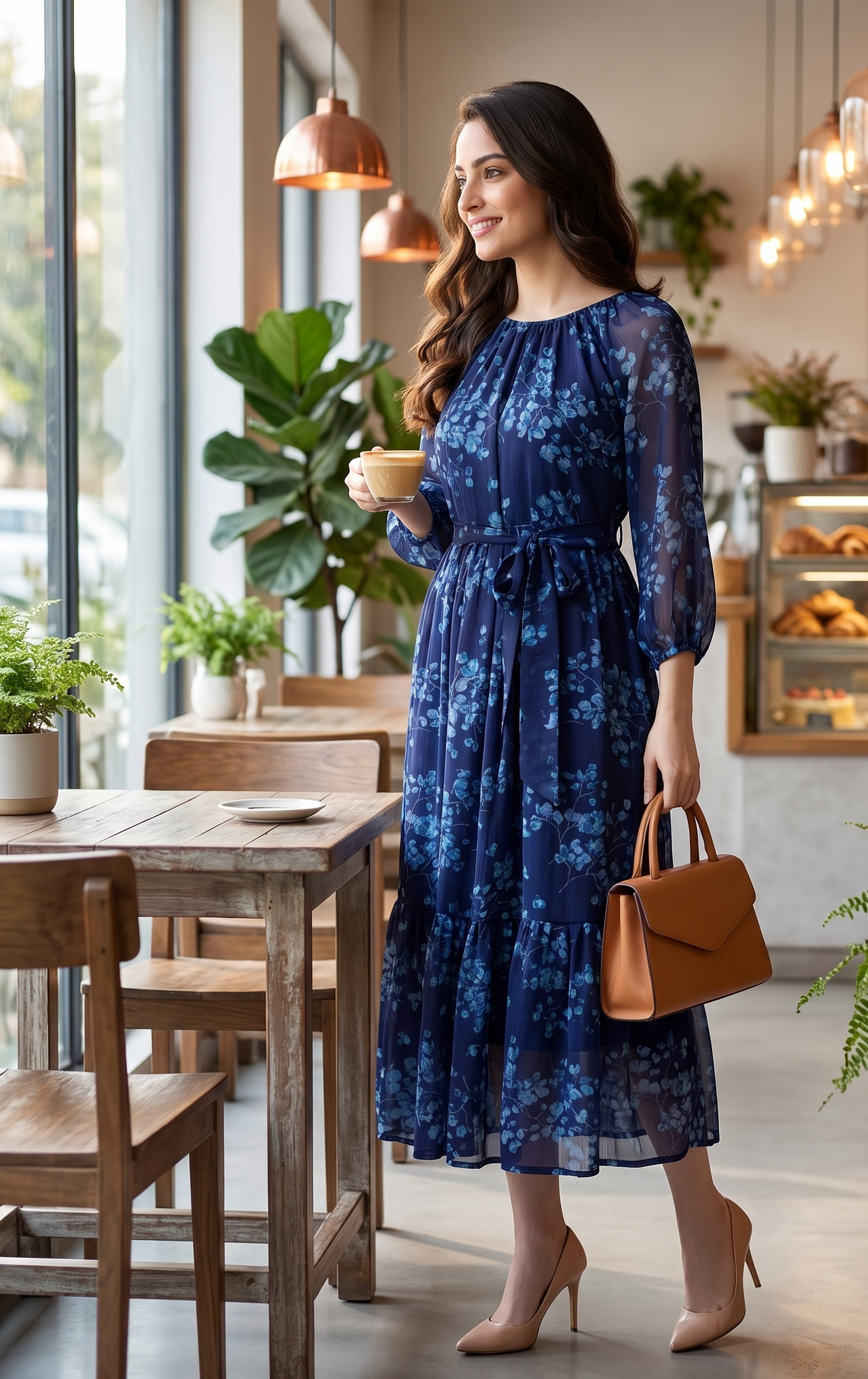 Women's Navy Blue Floral Printed Chiffon Midi Dress with Tie Waist | Elegant A-Line Party & Vacation Dress | Souchii