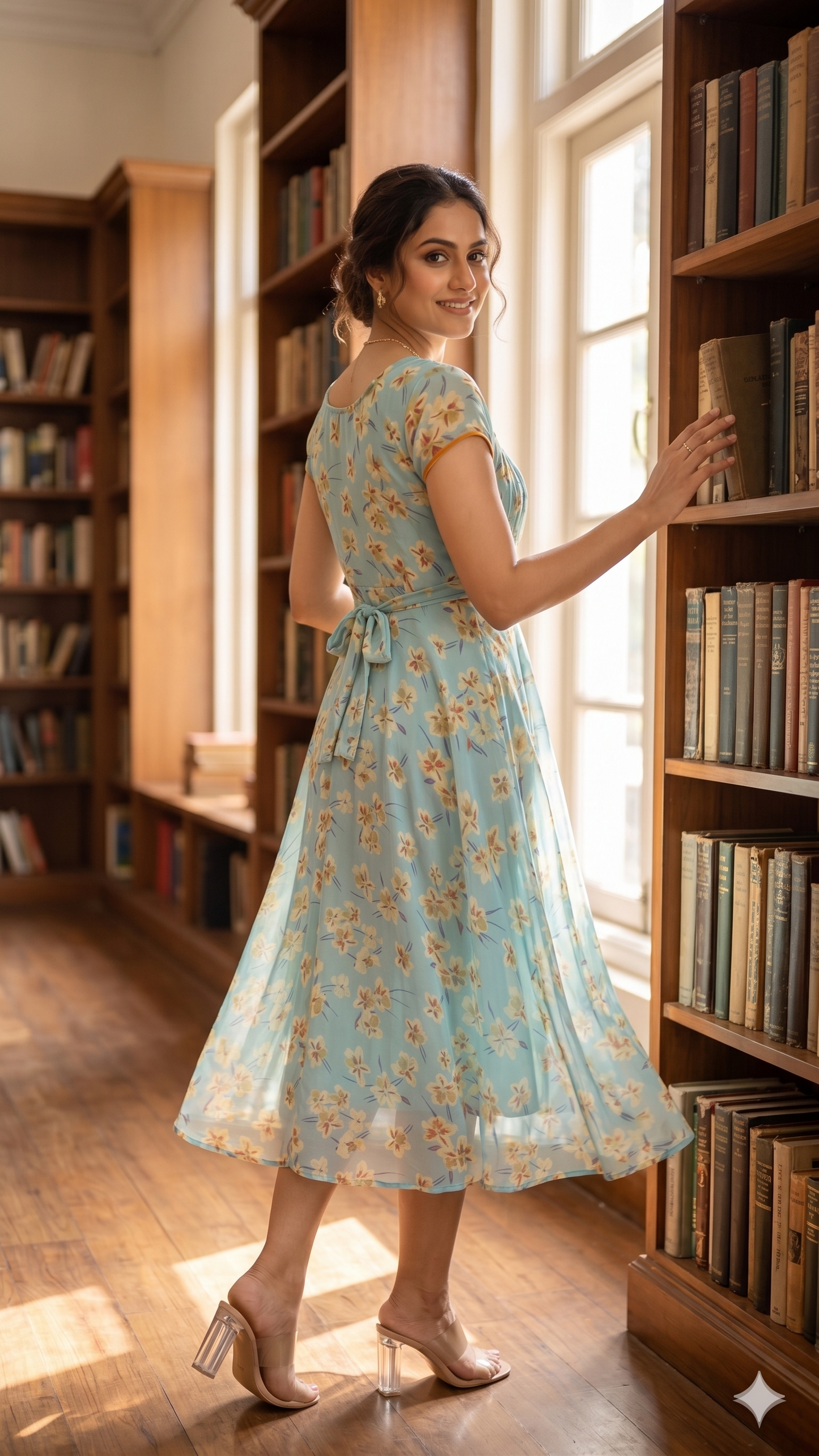 Souchii Women's Pale Blue Floral Printed Chiffon Midi Dress | Flowy A-Line Summer Dress with Empire Waist & Cap Sleeves