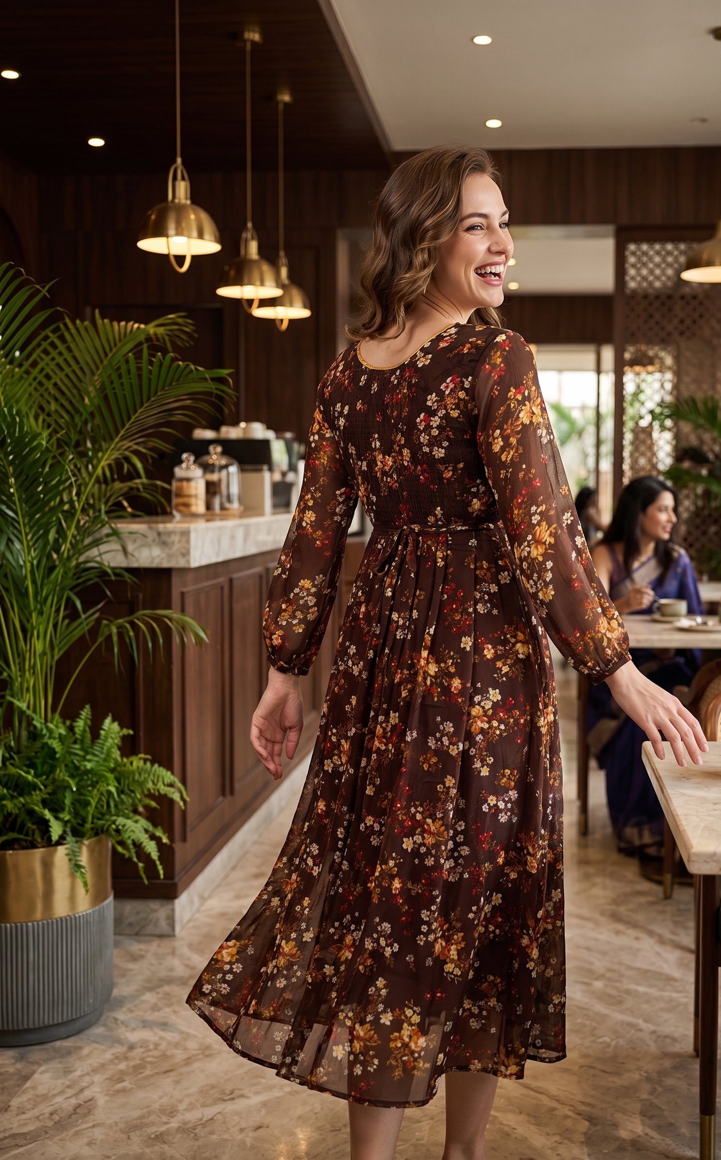 Souchii Brown Floral Print Midi Dress for Women | Sheer Sleeve Fit & Flare Dress
