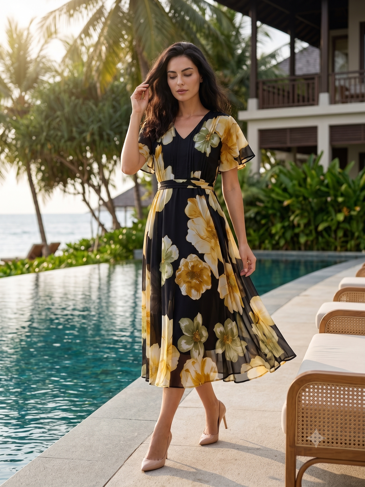 Black Floral Chiffon Dress with Golden Floral Print