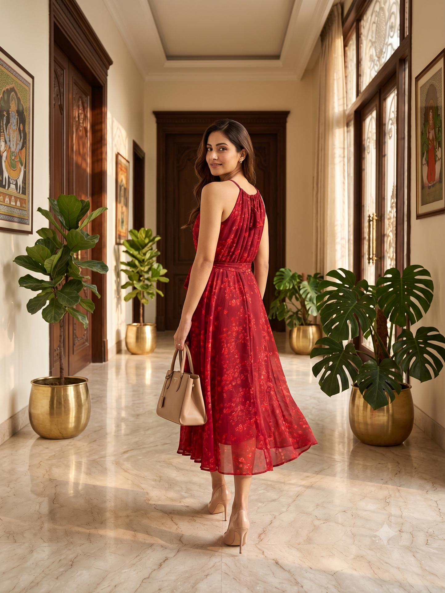 Souchii Women's Maroon Floral Printed Chiffon Midi Dress with Waist Tie Belt