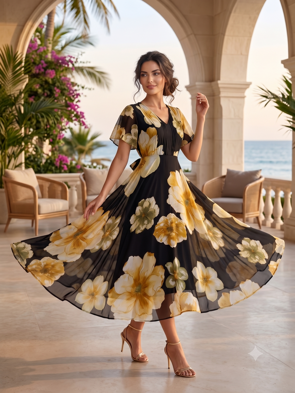 Black Floral Chiffon Dress with Golden Floral Print
