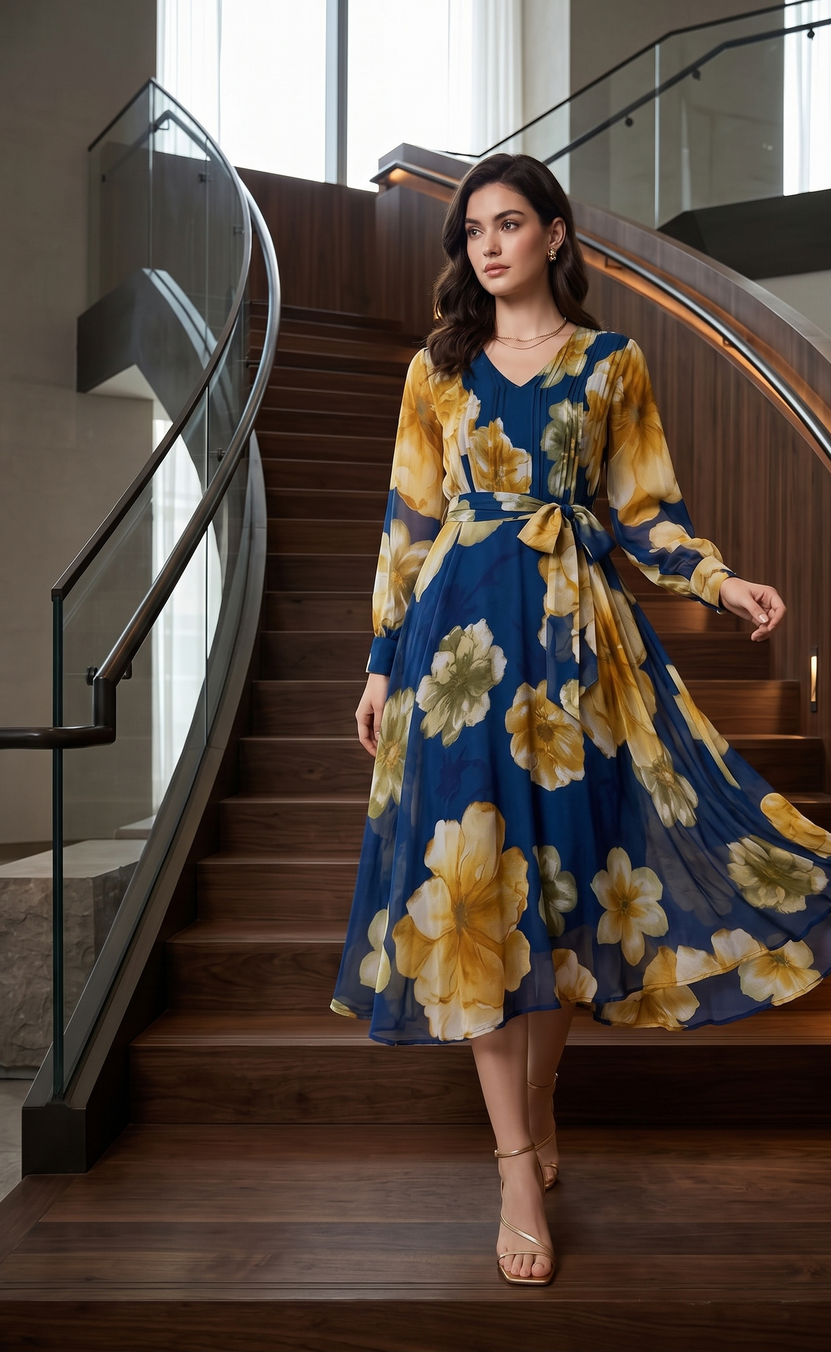 Blue Floral Fit & Flare Maxi Dress with Full Sleeves