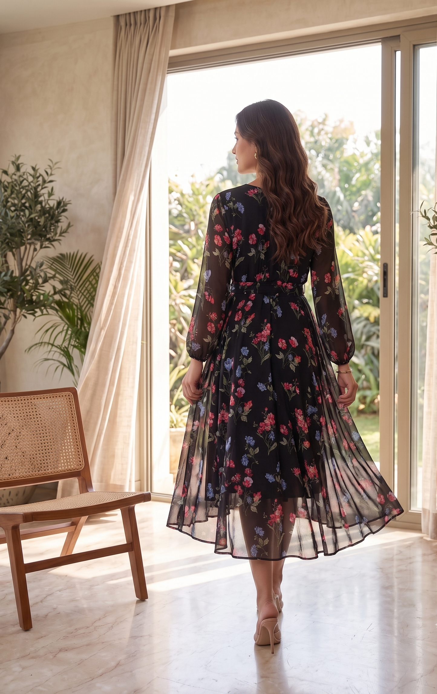 Black Floral Printed Chiffon Fit & Flare Midi Dress with Waist Tie