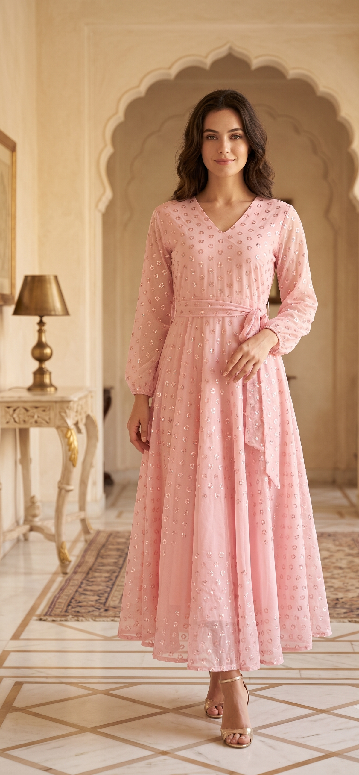 Souchii Blush Pink Sequin-Embellished Chiffon Wrap Midi Party Dress