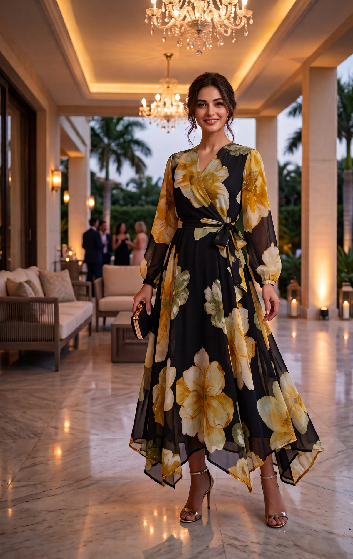 Black Floral Chiffon Maxi Dress with Flared Frill Hem