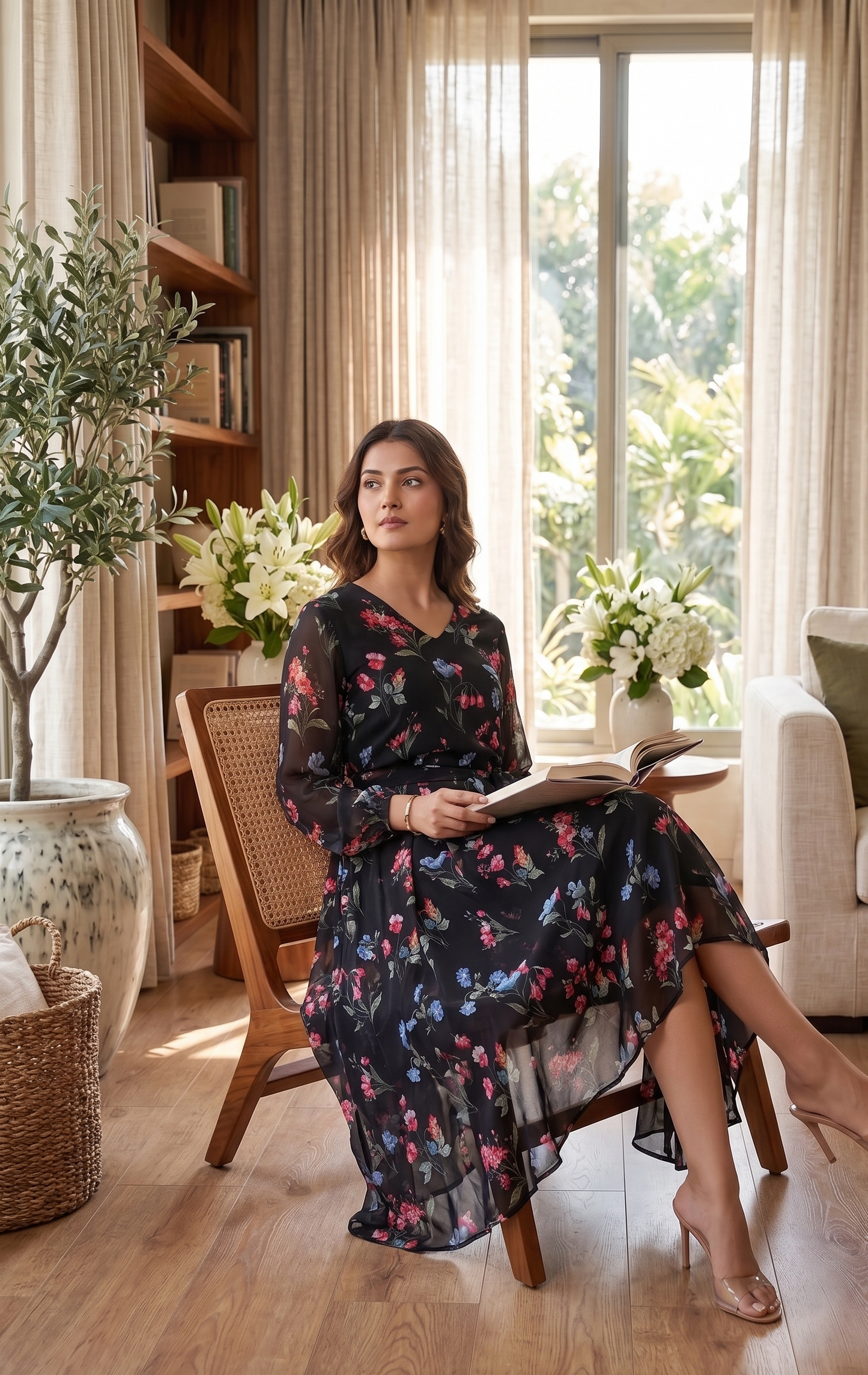 Black Floral Printed Chiffon Fit & Flare Midi Dress with Waist Tie