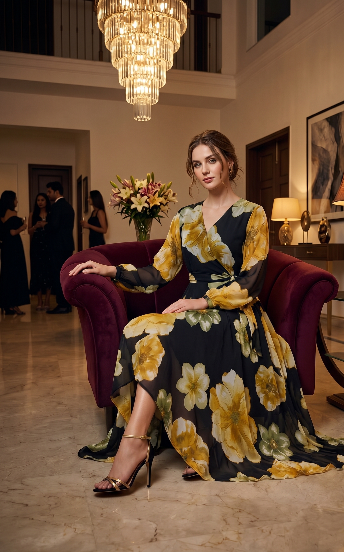 Black Floral Chiffon Maxi Dress with Flared Frill Hem