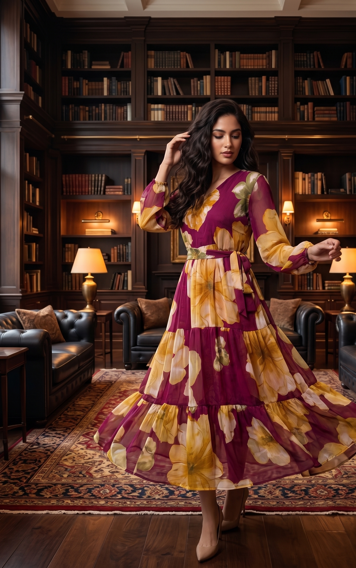 Burgundy Floral Tiered Maxi Dress with V-Neck & Full Sleeves