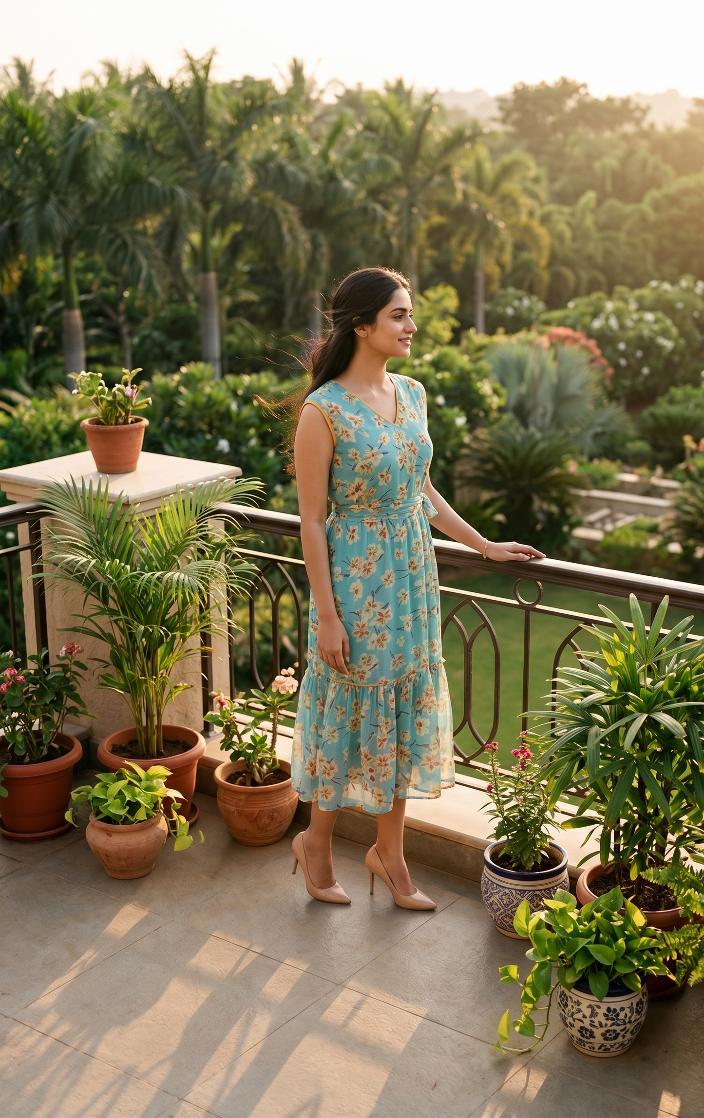 Souchii Women's Sky Blue Floral Printed Chiffon Midi Dress with Waist Tie | Elegant Sleeveless Summer Dress