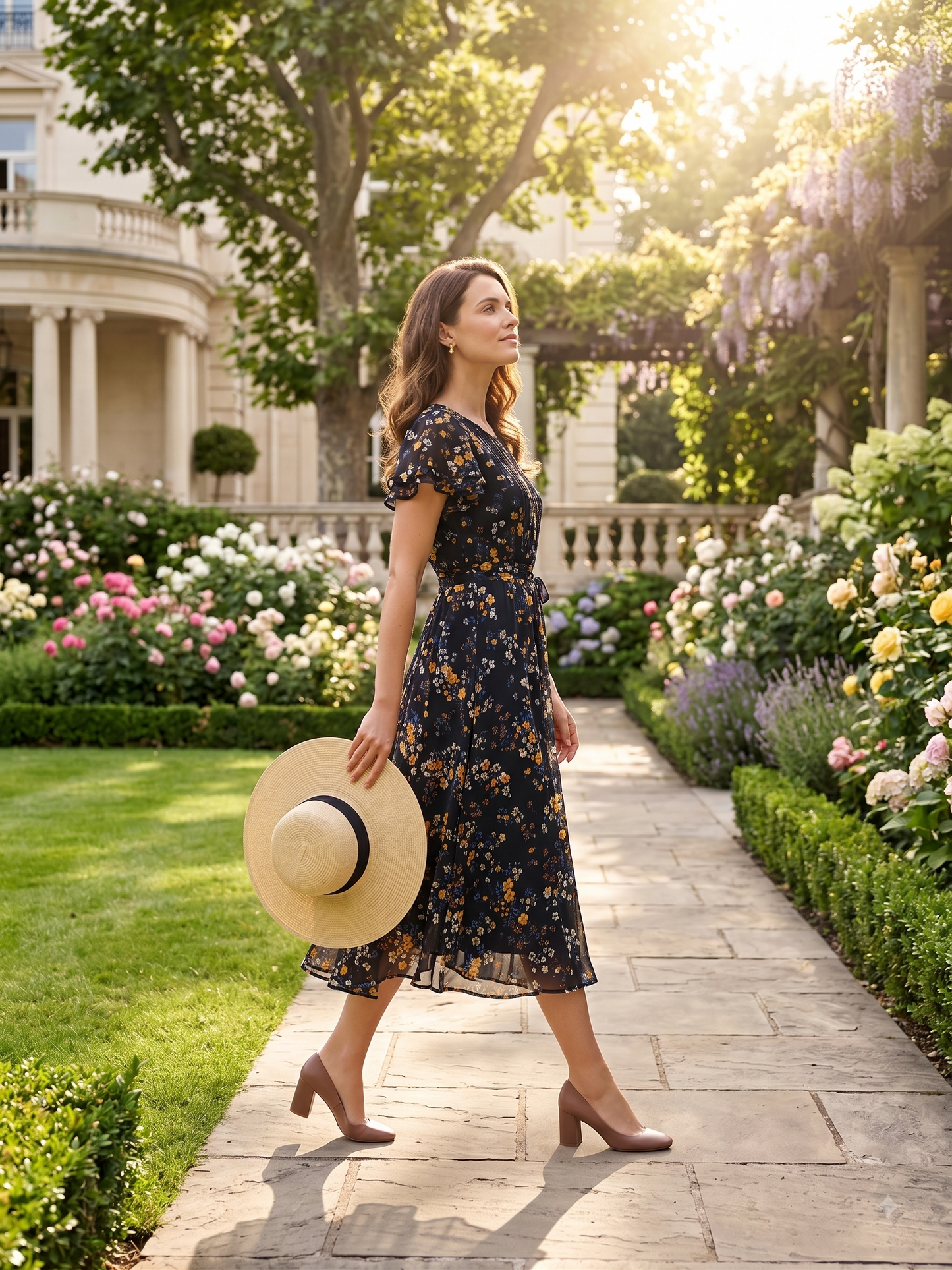 Women Black Floral Printed Fit & Flare Midi Dress