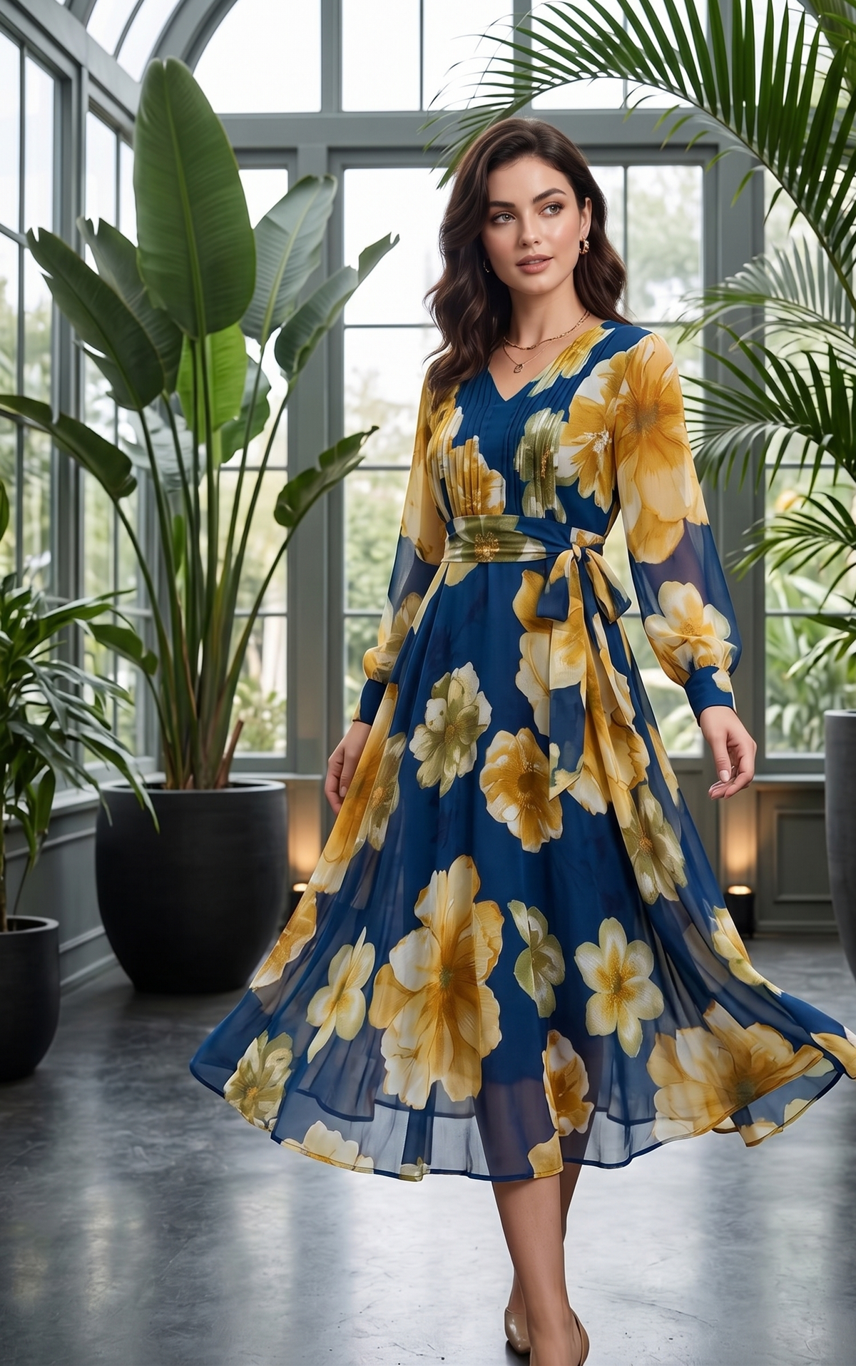 Blue Floral Fit & Flare Maxi Dress with Full Sleeves