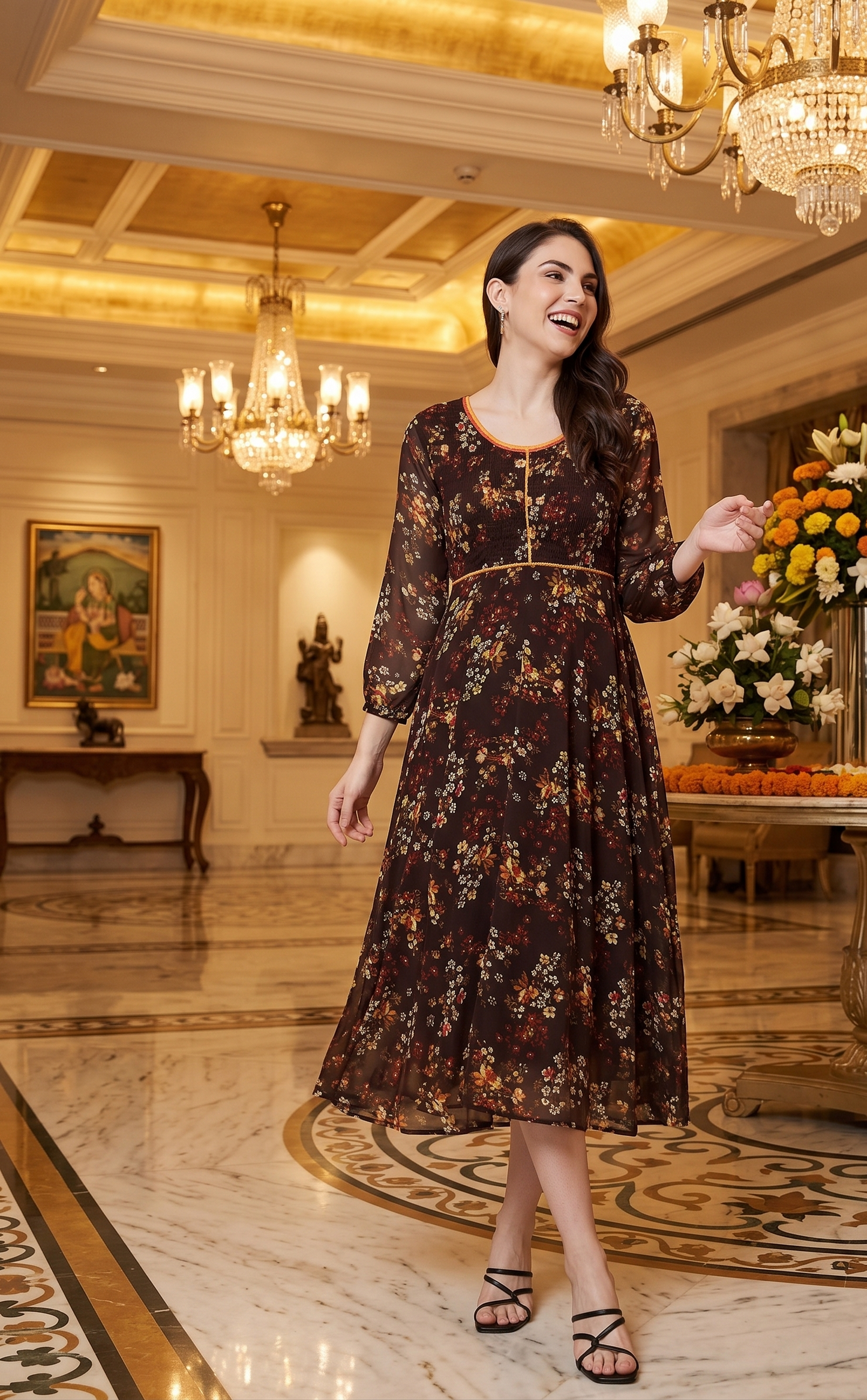Souchii Brown Floral Print Midi Dress for Women | Sheer Sleeve Fit & Flare Dress