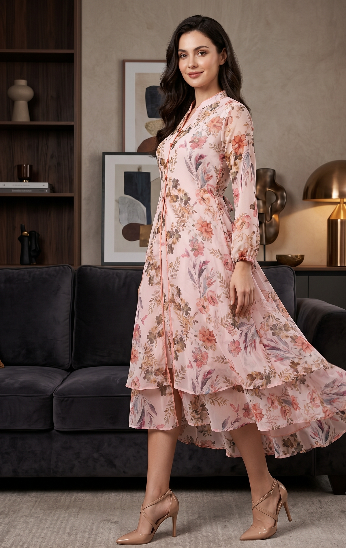 Pale Pink Floral Midi Dress for Women | Souchii