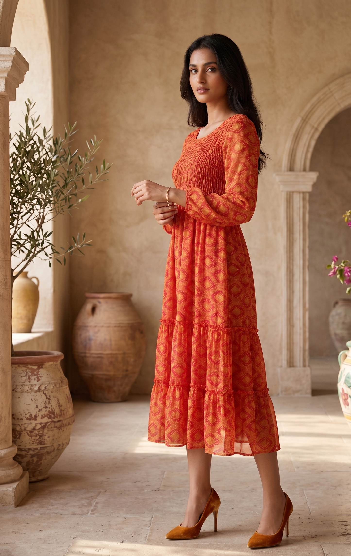 Souchii Red Printed Chiffon Midi Dress