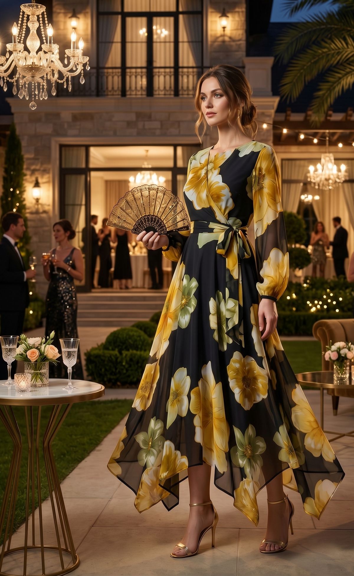 Black Floral Chiffon Maxi Dress with Flared Frill Hem