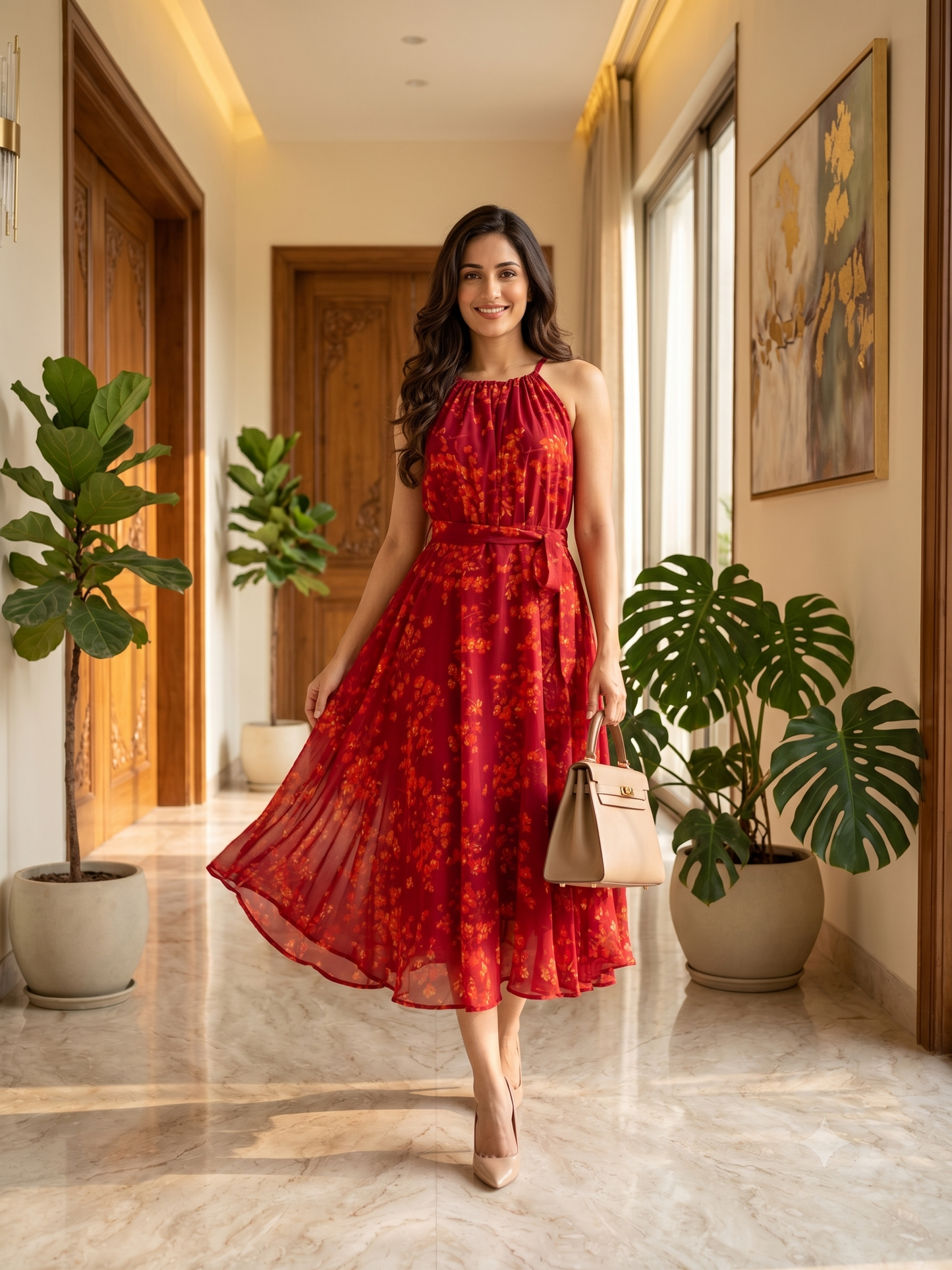 Souchii Women's Maroon Floral Printed Chiffon Midi Dress with Waist Tie Belt