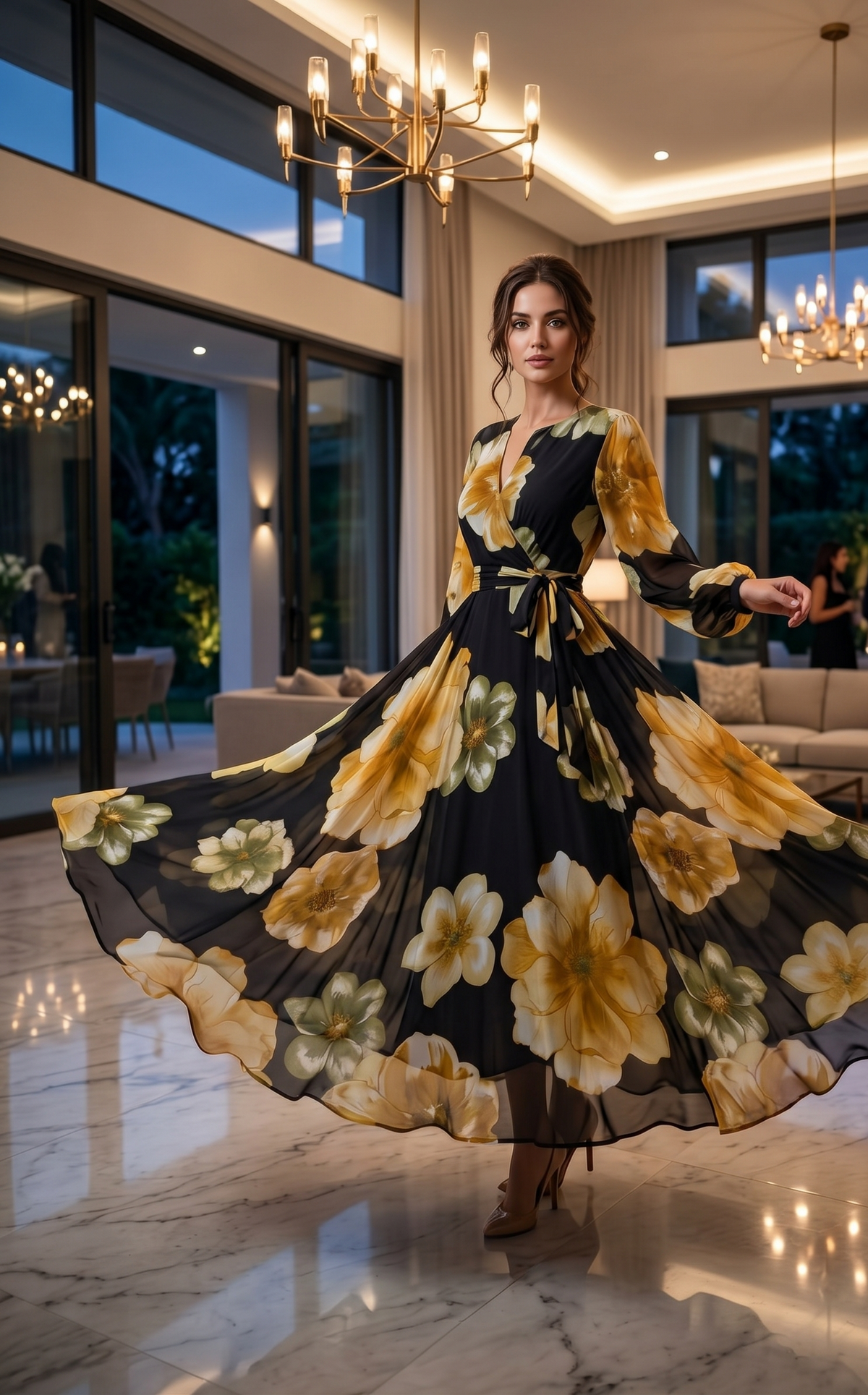 Black Floral Chiffon Maxi Dress with Flared Frill Hem