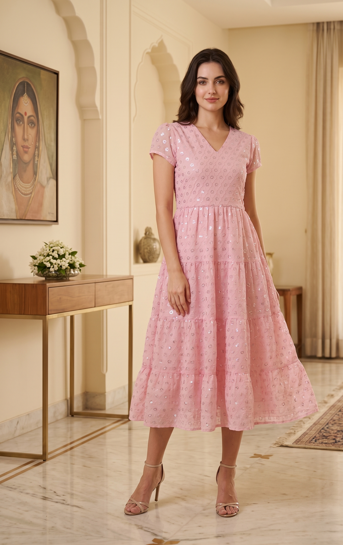 Souchii Pink Sequin Embroidered Fit & Flare Midi Party Dress